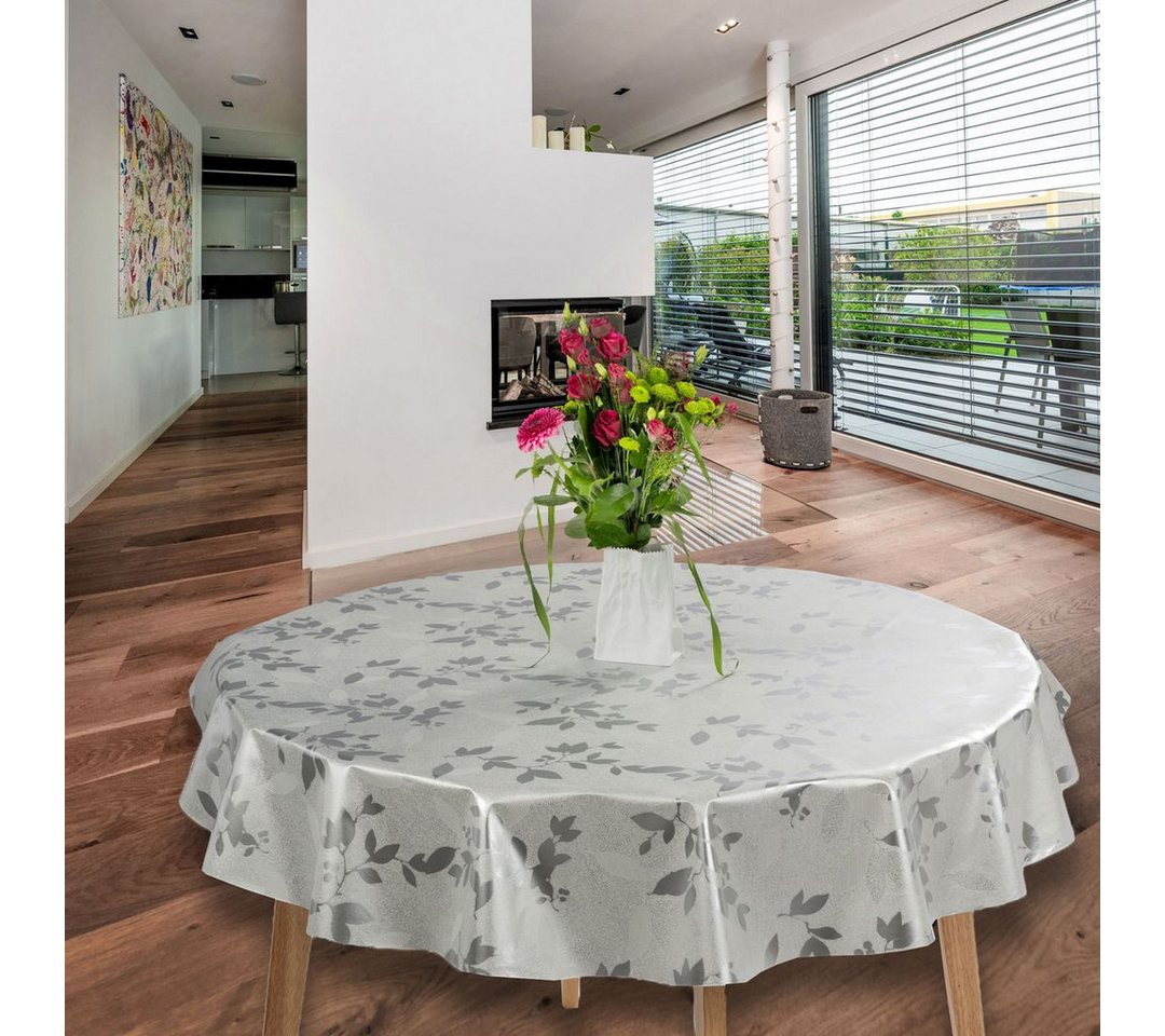 laro Tischdecke Wachstuch-Tischdecken Abwaschbar Geprägt Blätter Silber Rund 140cm
