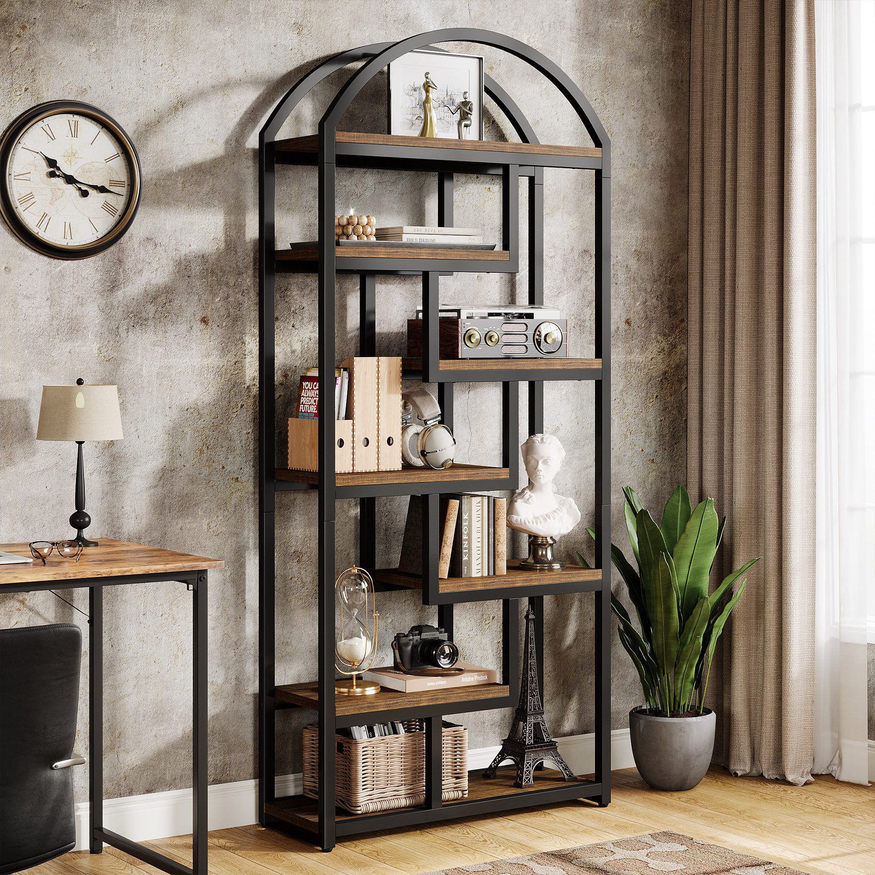 Tribesigns Bücherregal 180cm Bogendesign 7 Fachböden Industrial Regal Braun Schwarz – Bild 4 von 5