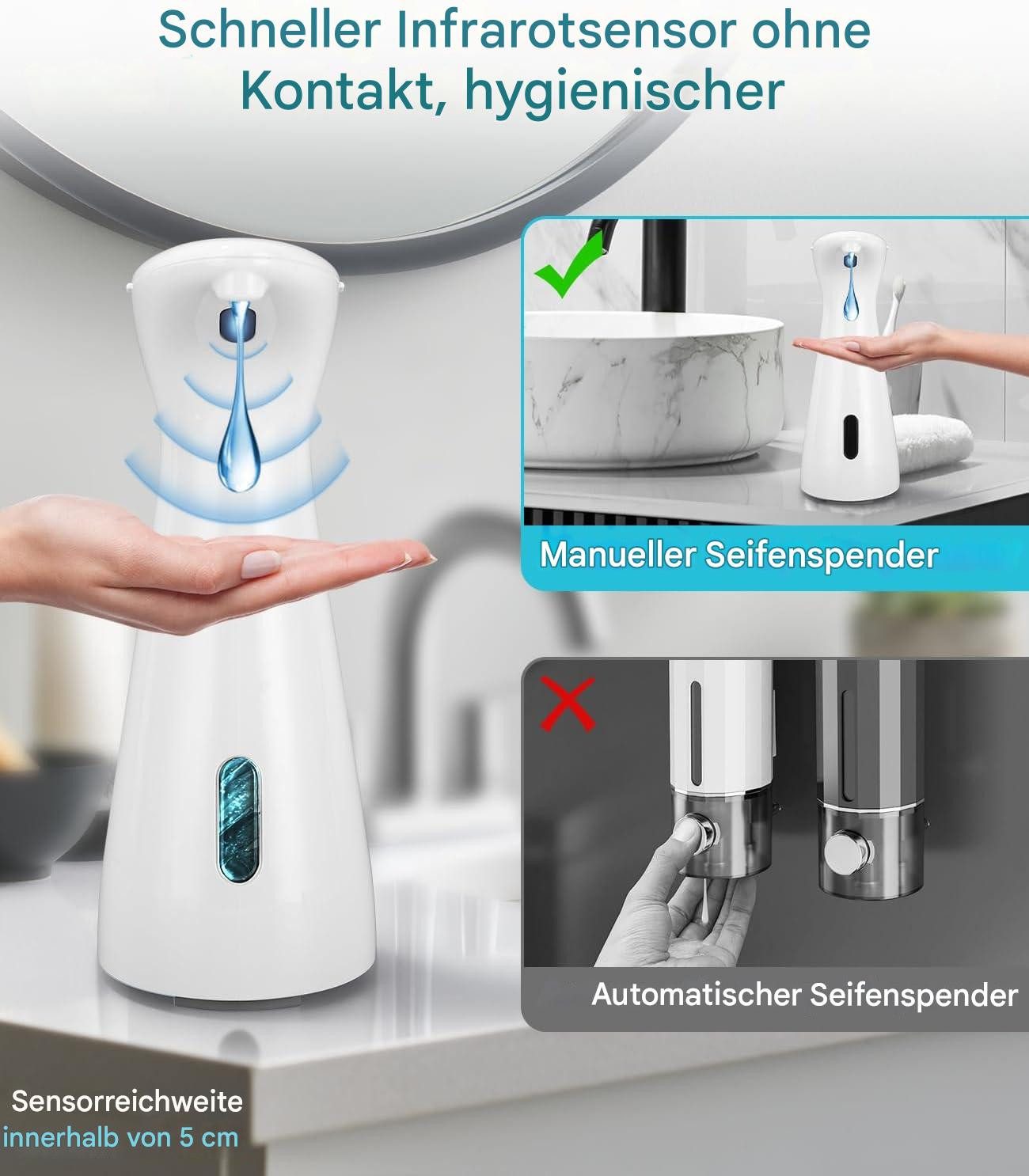 SinLaw Seifenspender Automatischer Seifenspender, wasserdicht, automatische Erkennung, 200 ml, mit Infrarotsensor, wasserdicht nach IPX6