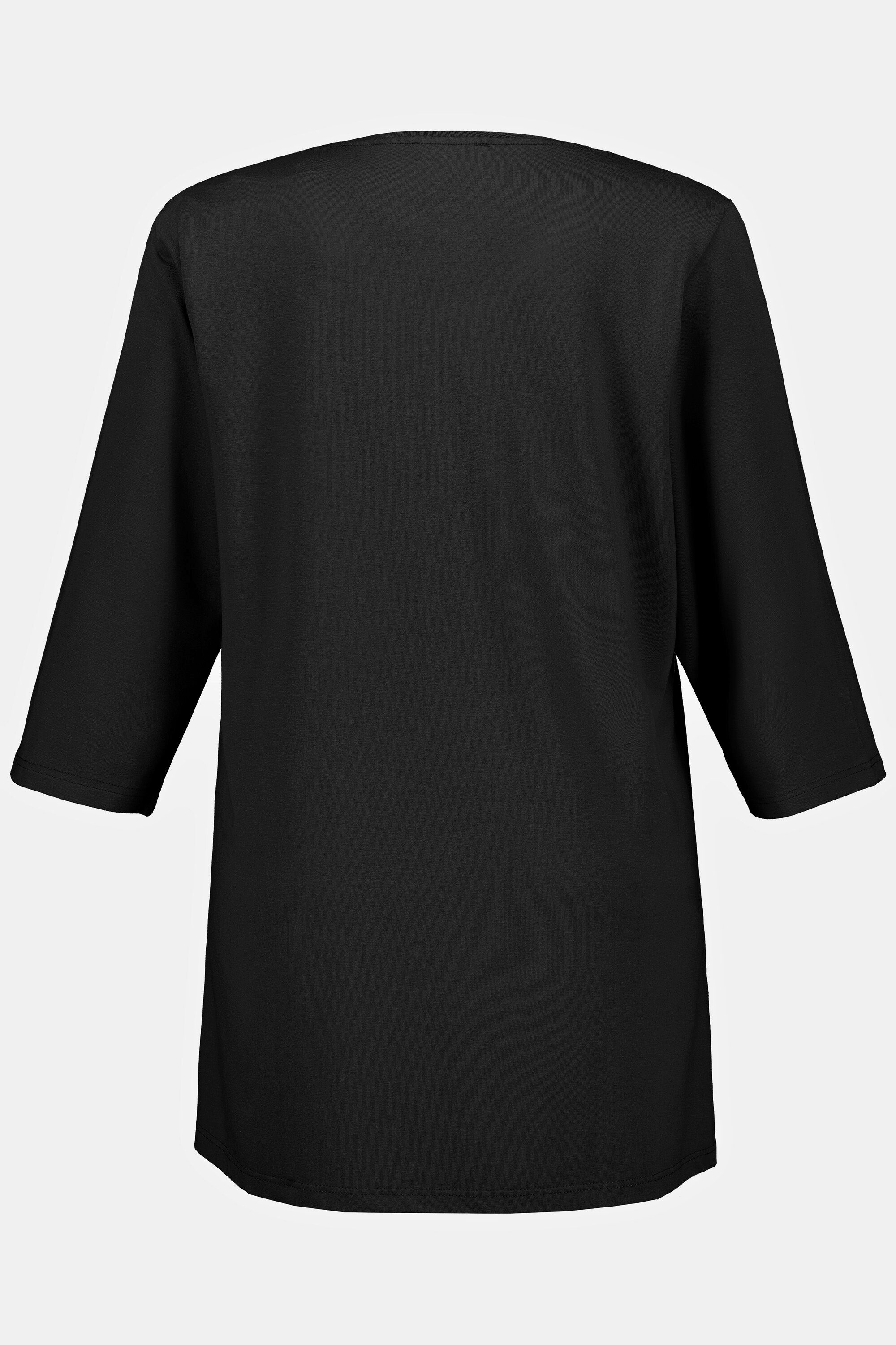 Ulla Popken Rundhalsshirt Shirt länger selection 3/4-Arm geschnitten schwarz