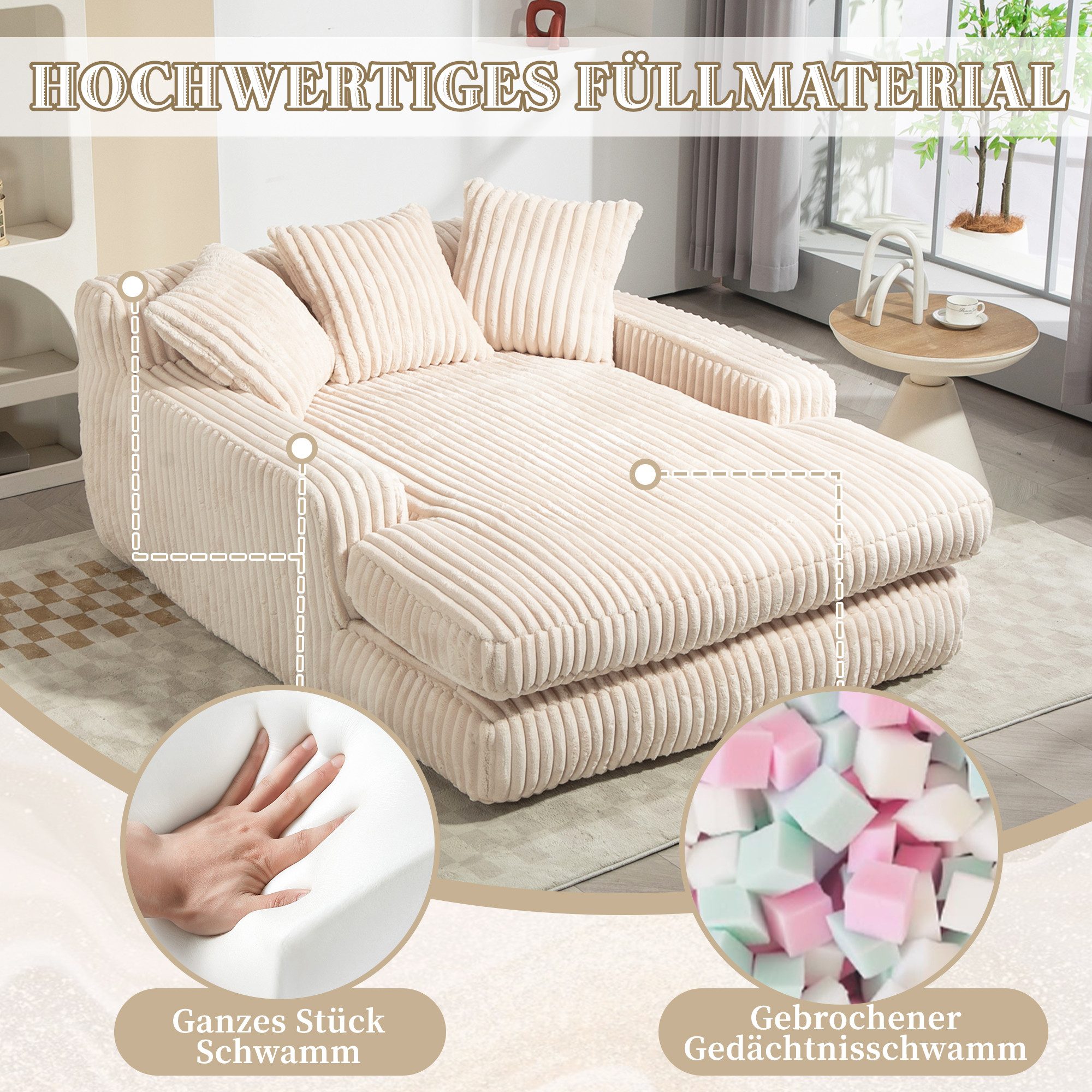 Celya Sofa Cord-Schlafsofa mit 3 Kissen,Bequemes Einzelsitz-Bodensofa,Loungesofa, fur Wohnzimmer, Büro & Wohnung,Beige