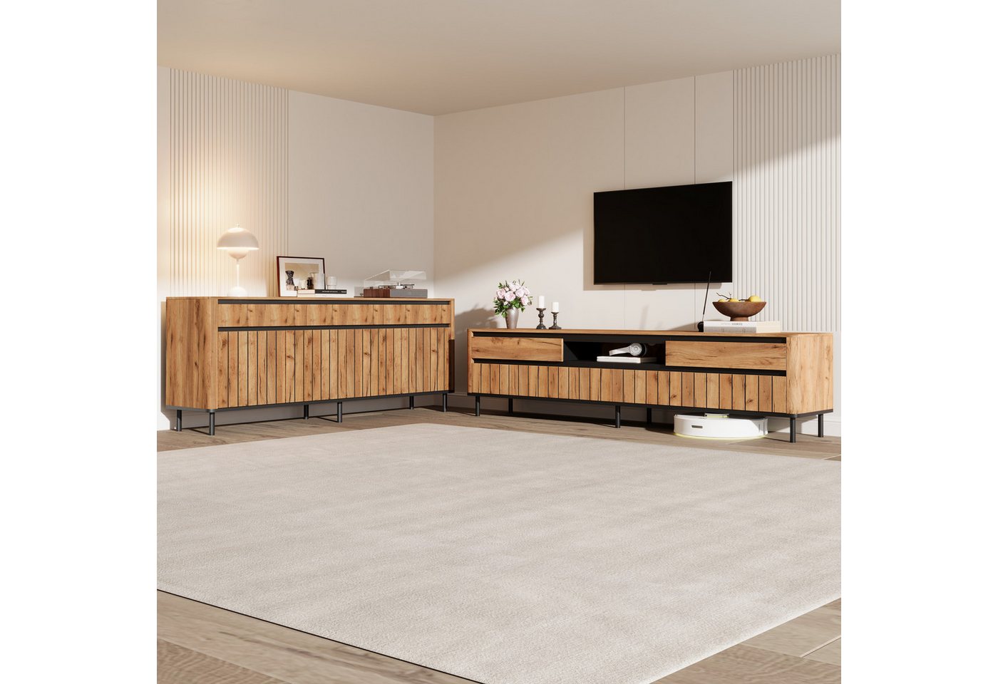 KLAM HOME Wohnwand Möbelset Sideboard + TV-Schrank Eichenoptik für 75-Zoll-Fernseher, (Kombiniertes Wohnzimmer-Set mit Lamellenfront & abgerundeten Kanten), MDF-Set mit Stauraum, leisen Scharnieren & 30kg Belastbarkeit