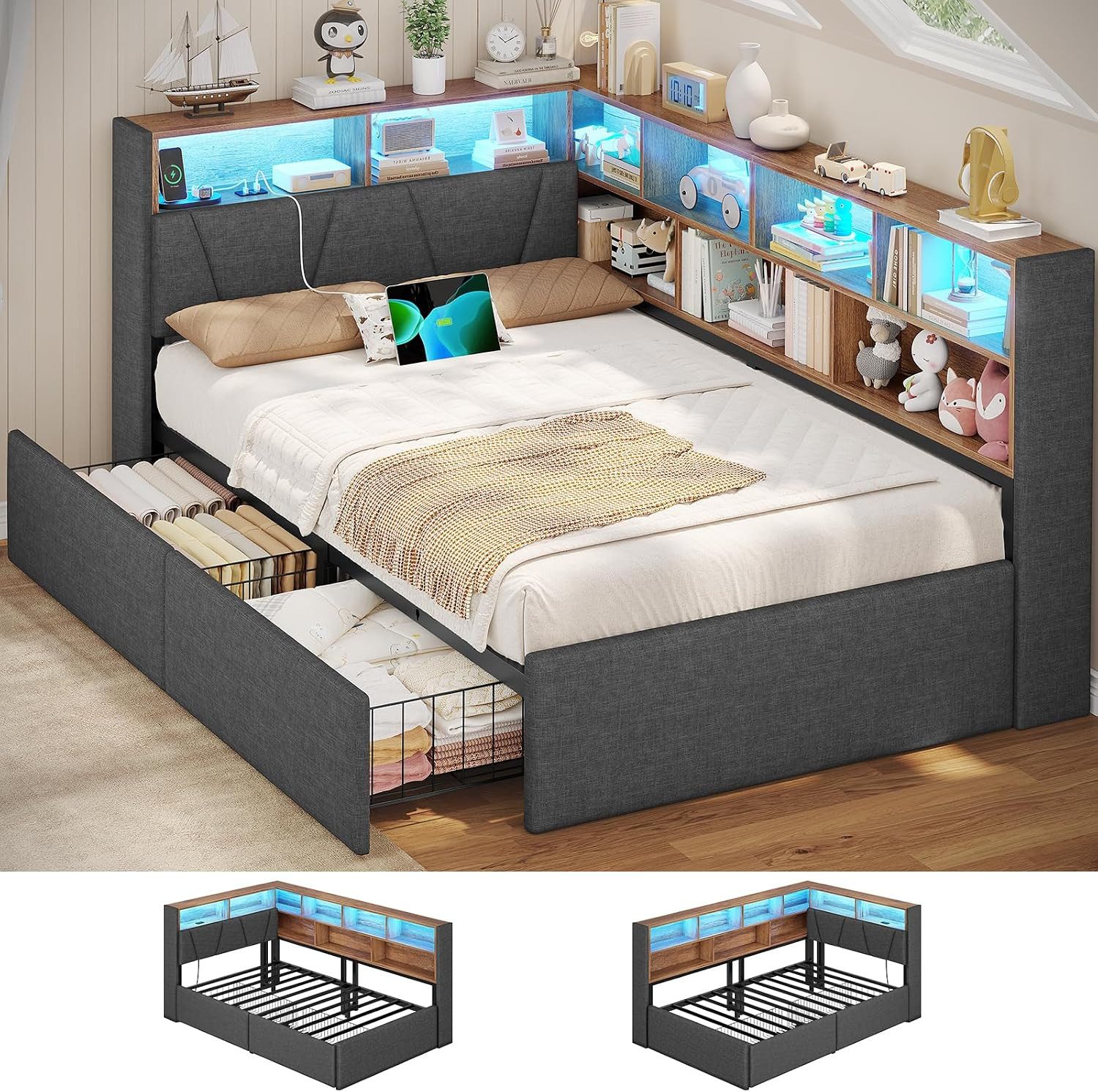 MSMASK Polsterbett mit LED-Beleuchtung & Ladestation, 9 Staufächern & 2 Schubladen, Grau (1-tlg), LED-Beleuchtung, USB-Ladestation, gepolstertes Kopfteil