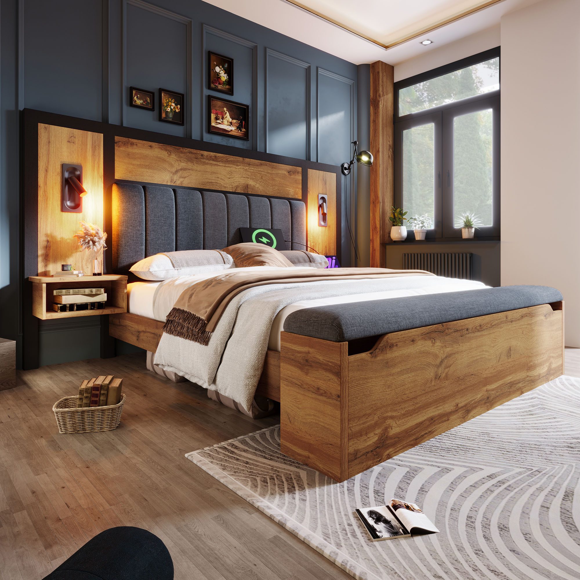 MODFU Massivholzbett Sitzbank mit Stauraum (Doppelbett, Funktionsbett mit U günstig online kaufen