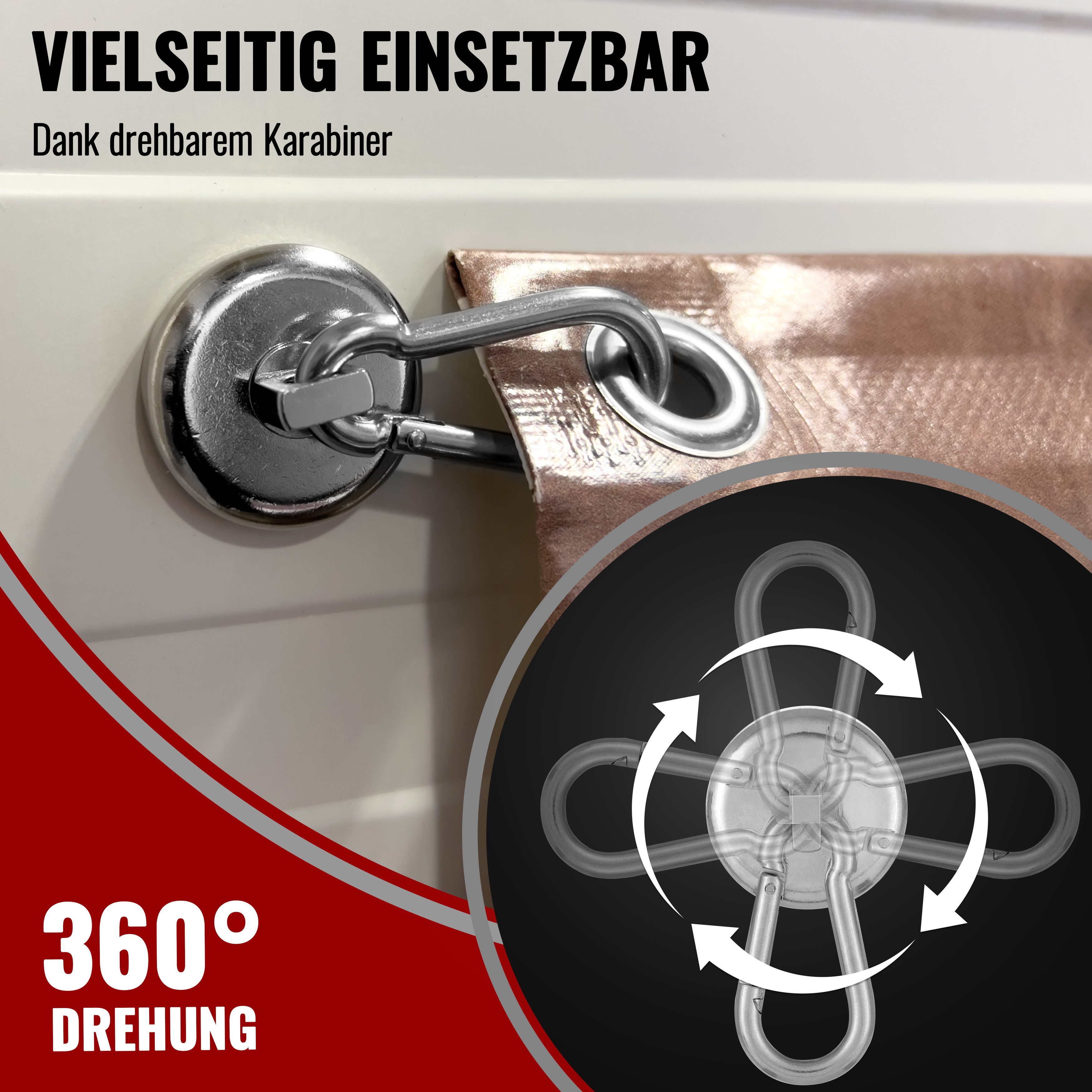 Poppstar Wandhaken Magnet-Karabiner stark, für Wand oder Decke, (2-St), Neodym Haken-Magnete mit drehbarem, abnehmbarem Karabiner – Bild 4 von 5