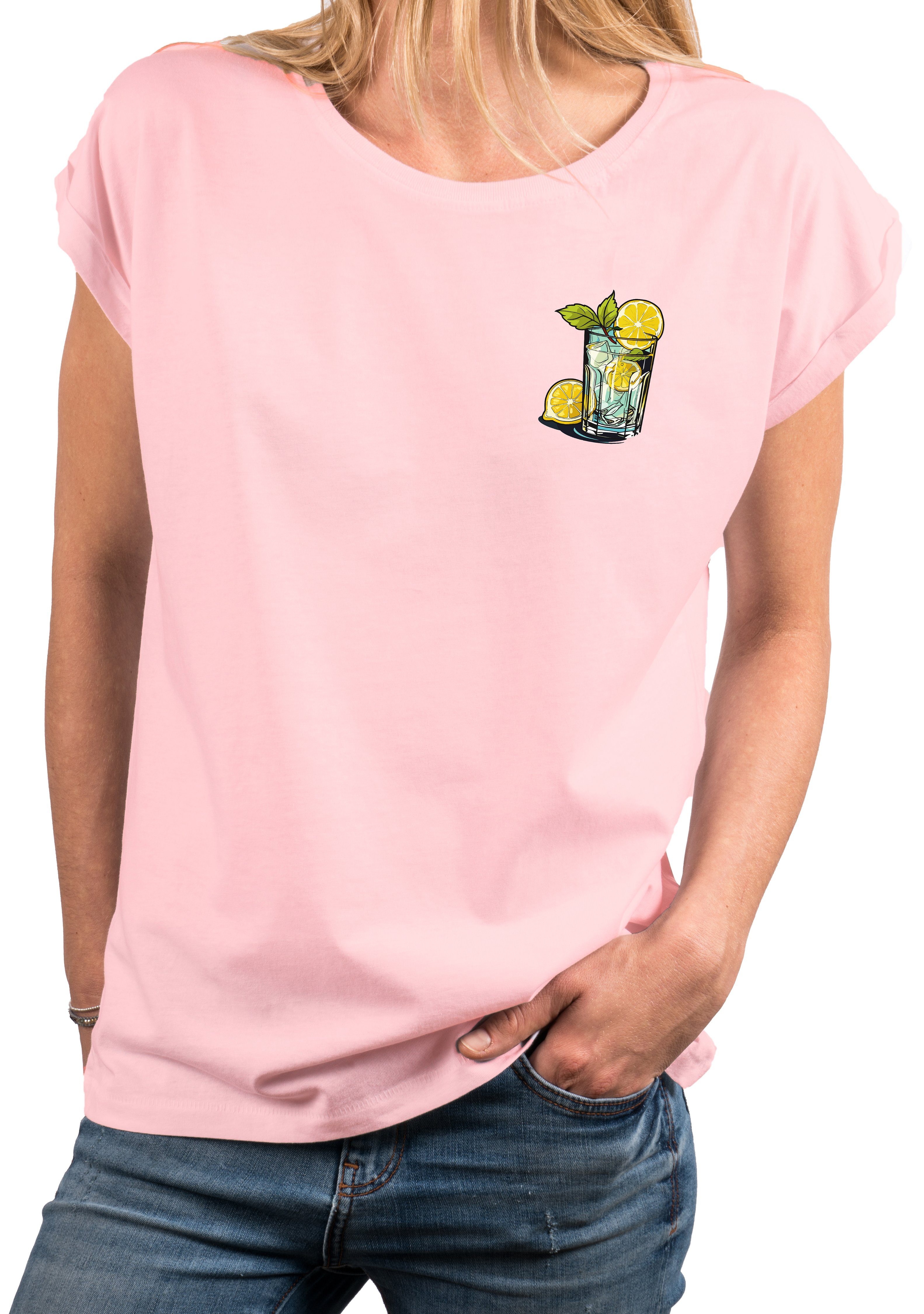 MAKAYA Print-Shirt Gin Tonic Gläser schöne modische Damen Tops Kurzarm Oberteile mit Druck, große Größen Rosa | T-Shirts