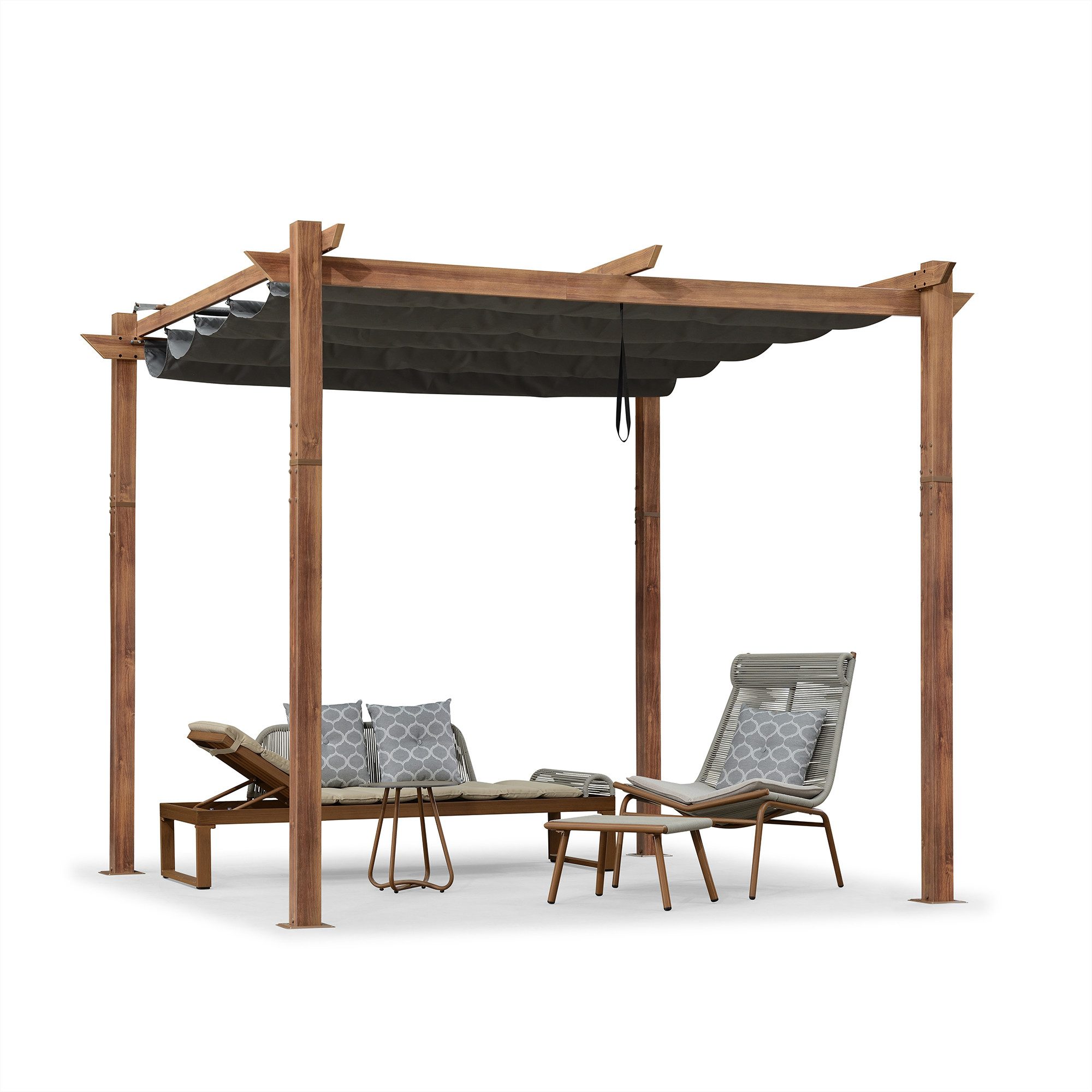 PURPLE LEAF Pergola Holzoptik Pavillon mit einziehbarem Dach, Alu Terrassenüberdachung, Gartenpavillon Stabil & Winterfest, Terrasse, Balkon