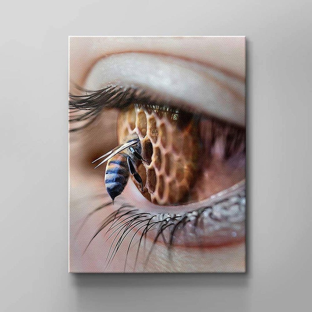 DOTCOMCANVAS® Leinwandbild Bee Auge Eye Wandbild Eye, rosa Rahmen schwarz Honig in weißer Biene blau in Bee