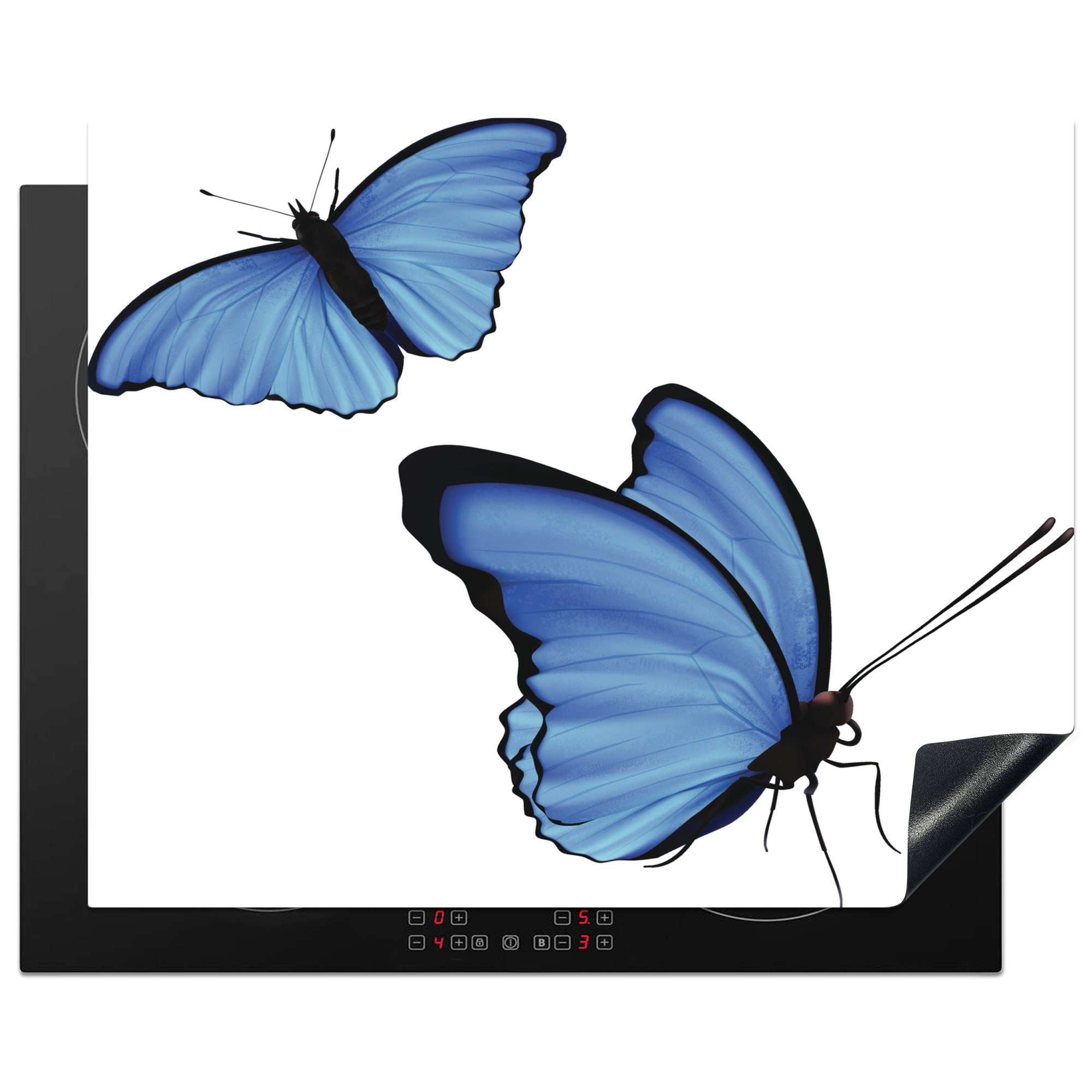 MuchoWow Herdblende-/Abdeckplatte Eine Illustration von zwei blauen Schmetterlingen, Vinyl, (1 tlg), 65x52 cm, Mobile Arbeitsfläche nutzbar, Ceranfeldabdeckung