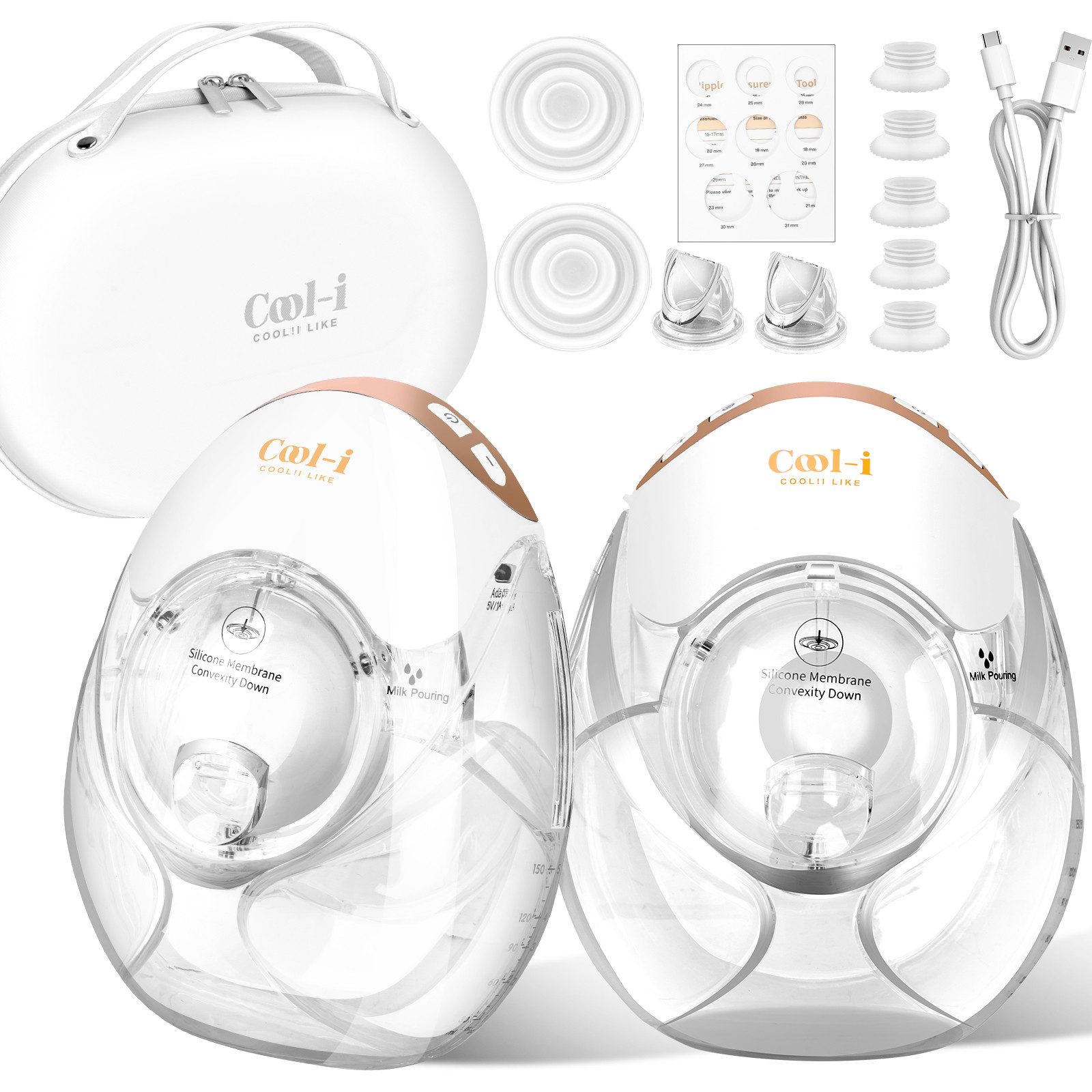 COOL-i ® Elektrische Doppelmilchpumpe Elektrische Tragbare Milchpumpe GLE32 – BPA-frei, 3 Modi & 12 Stufen, 3 Flanschgrößen (18/21/24 mm), 300 ml