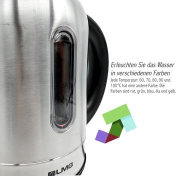 LMG Germany Wasserkocher 1,7 l Glas Edelstahl Wasserkocher 2200W, LED & Temperatureinstellung, 2200 W, Edelstahlgehäuse, Temperatureinstellung, Schnellkochfunktion