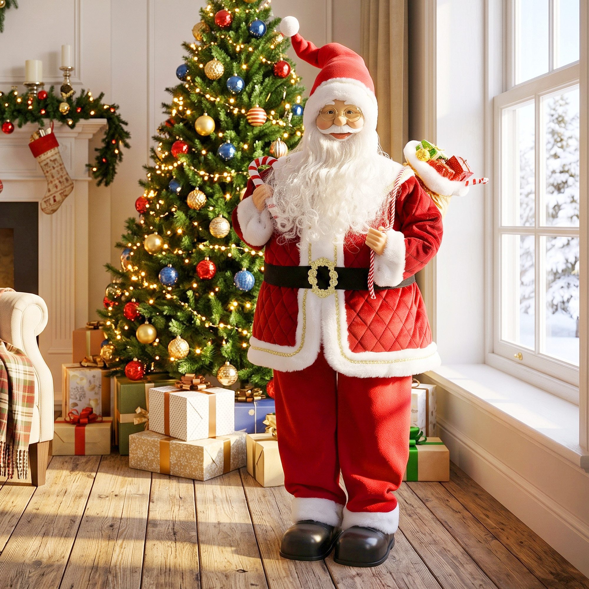 furnicato Weihnachtsfigur 120 x 32 x 48 cm, Rot, Samt, animierter Weihnachtsmann (1 St), Interaktive Weihnachtsfigur mit Sound- und Berührungssensoren