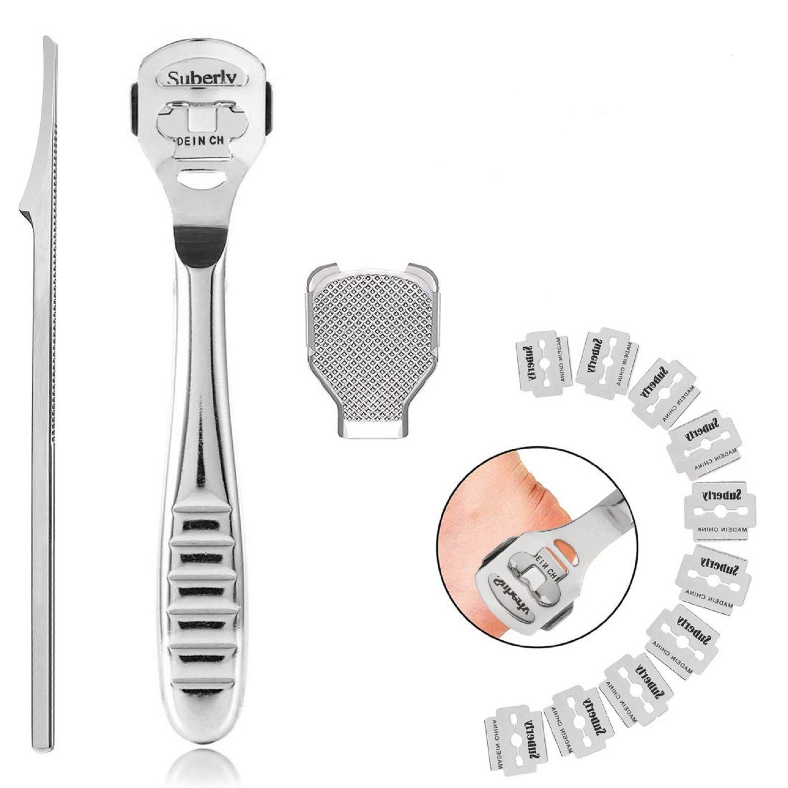 COOL-i ® Hornhautfeile Edelstahl Hornhautfeile Set – Fußschaber & Fußfeile mit 10 Klingen, professionelles Pediküre-Tool für Hornhautentfernung & Fußpflege