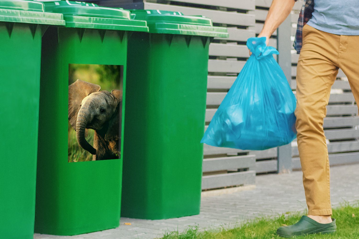 Wandsticker - Elefant Tiere - Mülltonne, Grün Mülleimer-aufkleber, Sticker, Natur St), (1 MuchoWow Container, - Abfalbehälter
