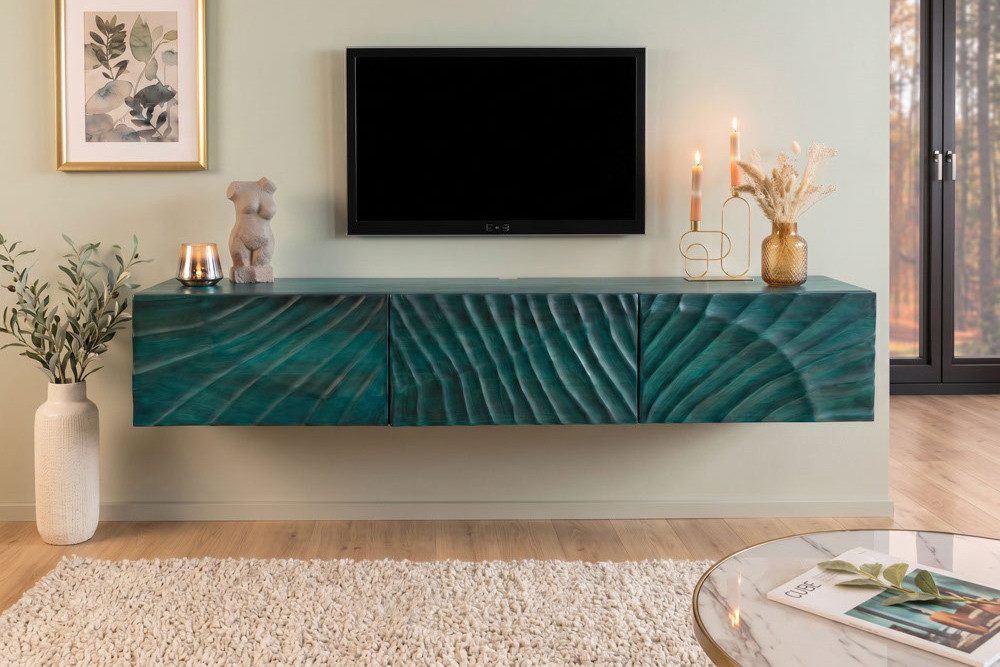 riess-ambiente TV-Bank SCORPION 160cm türkis – Massivholz, hängend, Fernsehschrank aus Holz (Einzelartikel, 1 St), wandmontiertes Lowboard mit 3D-Front – ideal für moderne Wohnbereiche