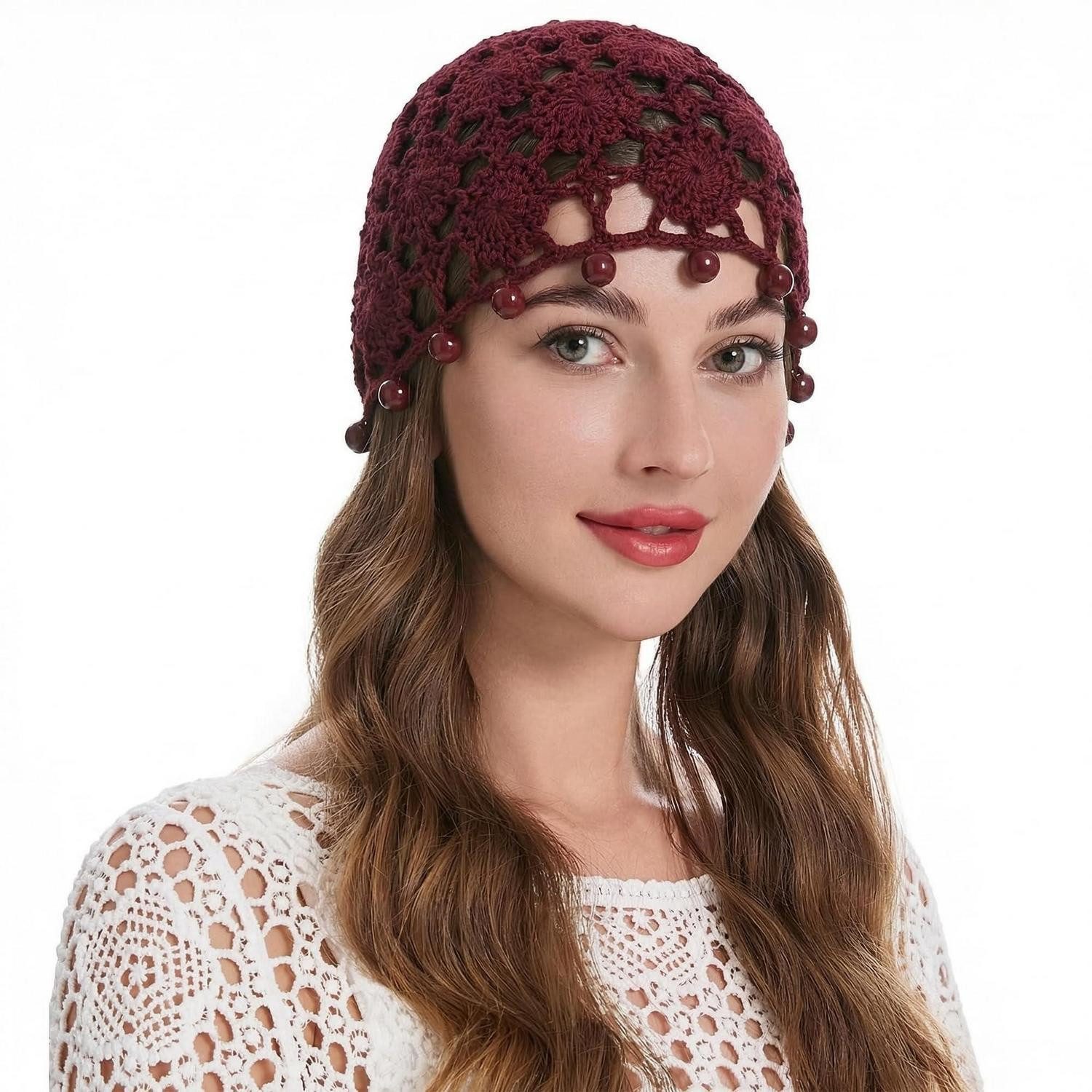 LuxusKollektion Strickmütze Häkelmütze Damen Einheitsgröße Bead Burgund (1-St)
