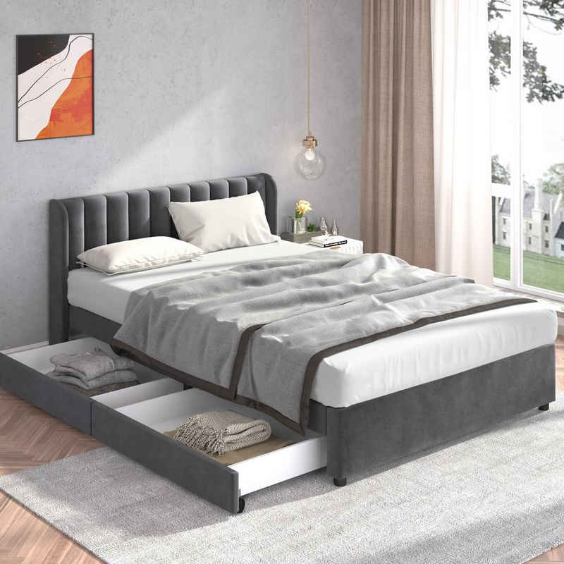 REDOM Polsterbett Doppelbett Stauraumbett Bett mit Lattenrost ohne Matratze (160 x 200 cm), Schlichter und stilvoller Samt-Look