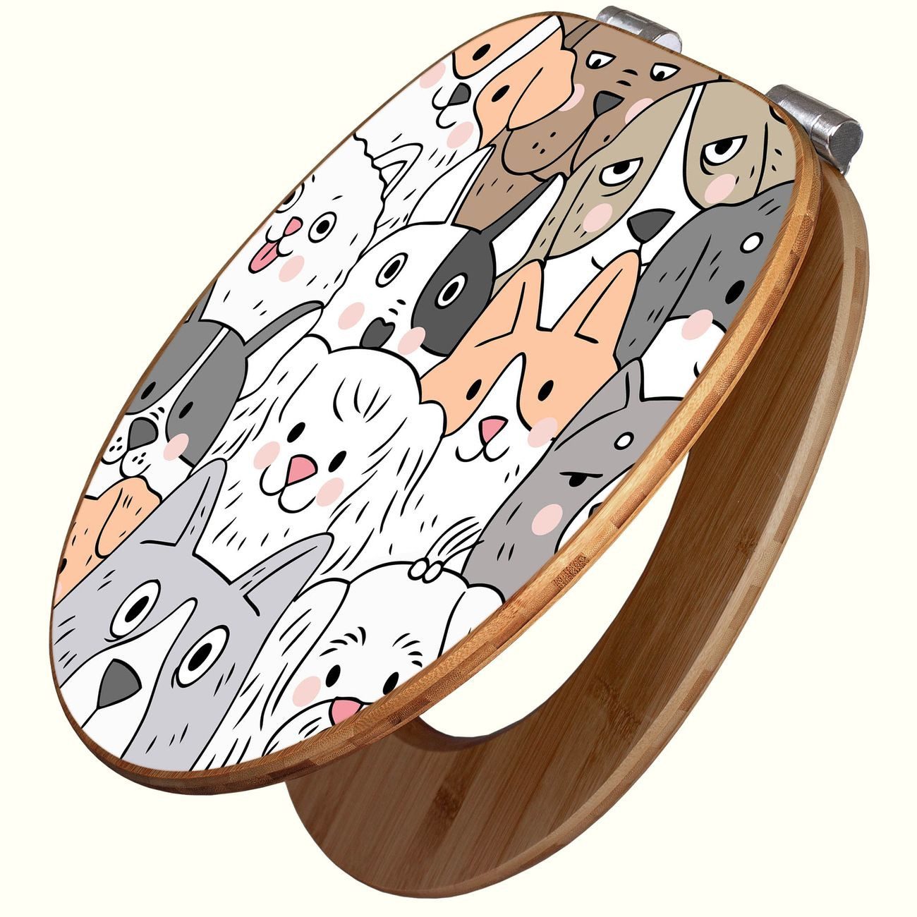 banjado WC-Sitz aus Bambus mit Absenkautomatik Motiv Hunde Gruppe neugierig (umweltfreundliches Material, integrierte Absenkautomatik), 45,8 x 37,5 x 5 cm