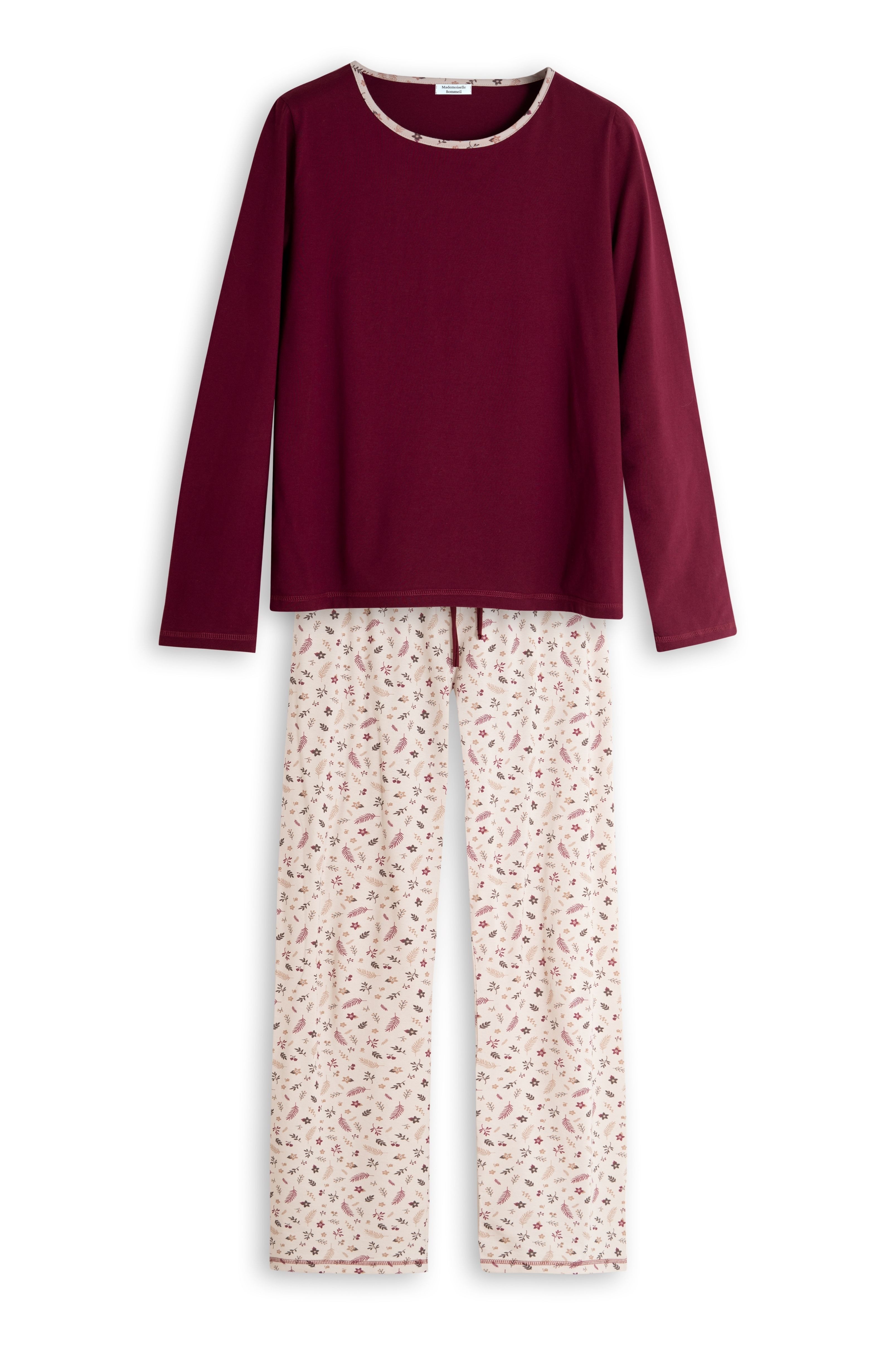 Mademoiselle Sommeil Pyjama Damen Schlafanzug in Bordeaux mit Langarmshirt & florale Hose aus 100% Baumwolle, Rundhals, hergestellt in Polen