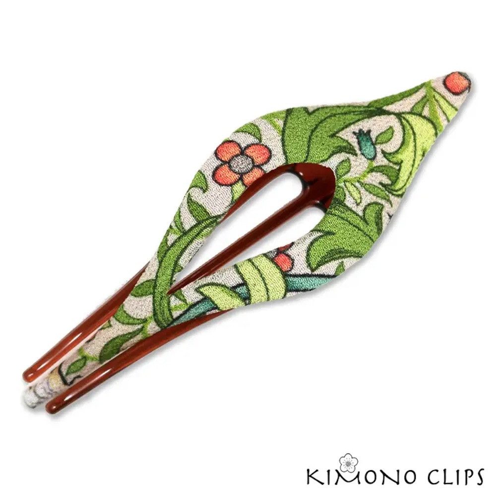 LK Trend & Style Haarclip Finch ist ein schlanker Clip mit Blumenmuster, durch die schlanke Länge greift die Spange viel Haar, Kimono Clip steht für Qualität, jeder Clip kann je nach Schnitt des Stoffes variieren, Unikat
