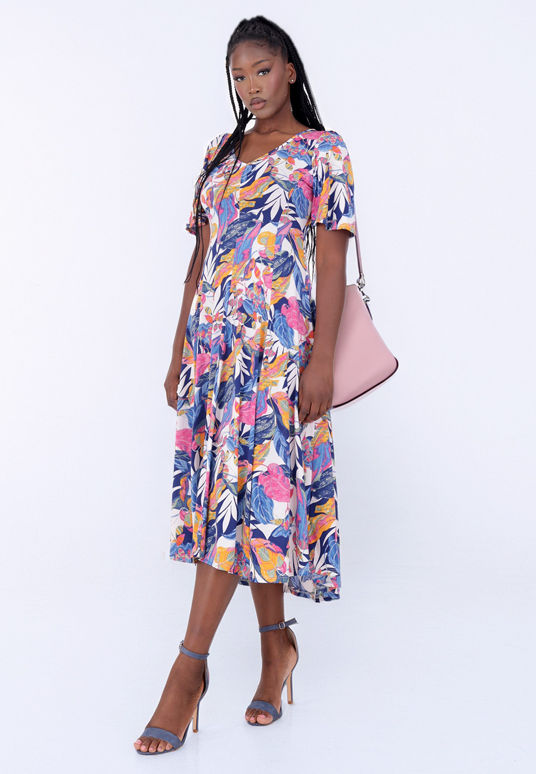 YC Fashion & Style Sommerkleid mit Rückenausschnitt und lebendigem Muster Alloverdruck