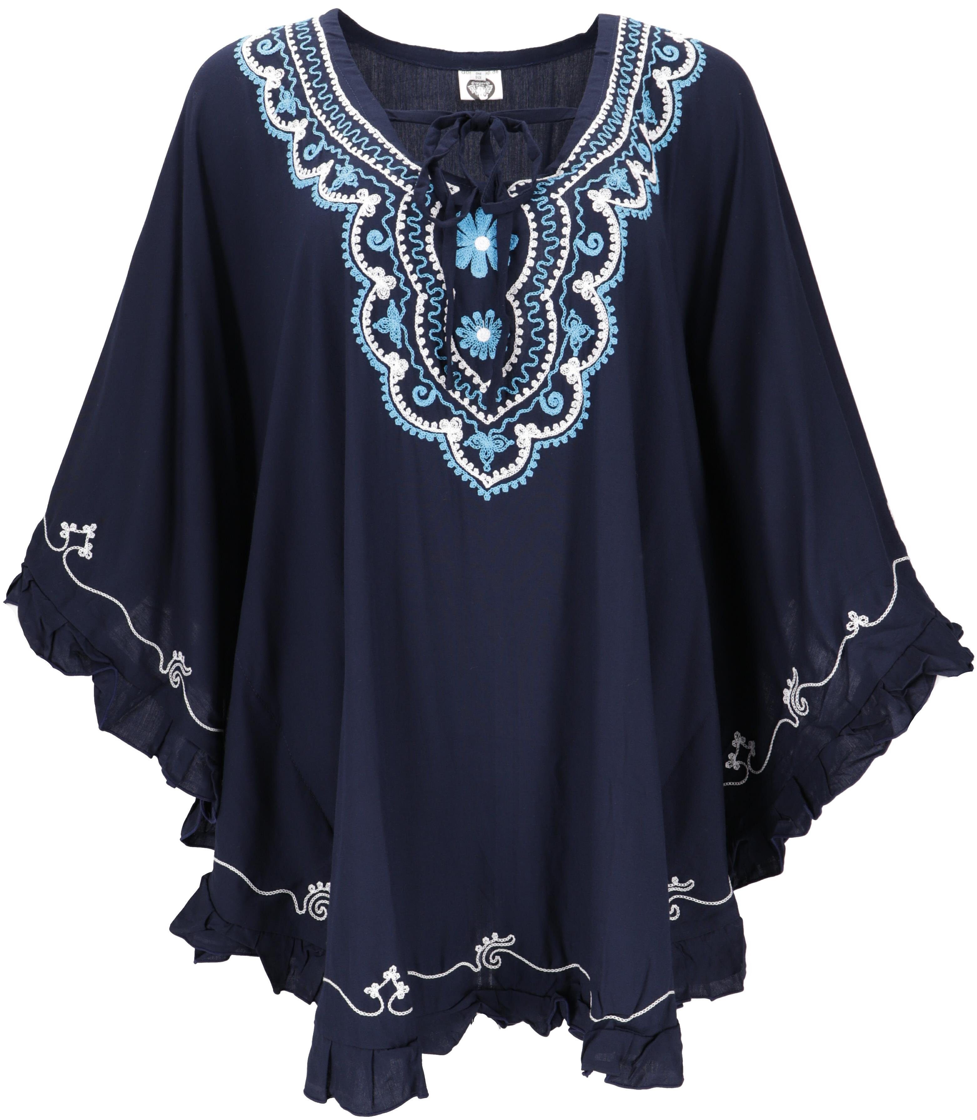 Guru-Shop Longbluse Bestickter Hippie Poncho, Tunika, Kaftan,.. alternative Bekleidung nachtblau