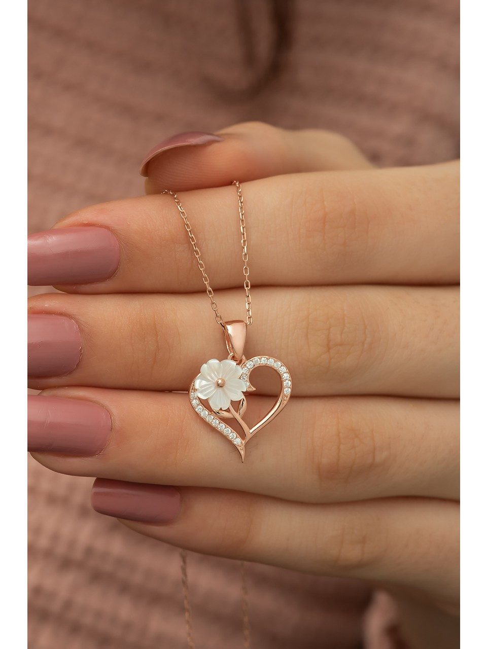 Valentinstagsgeschenk Nisan Ohrring-Set, Silber Halskette mit Herz- und Magnolienblüten-Anhänger, Zirkonia