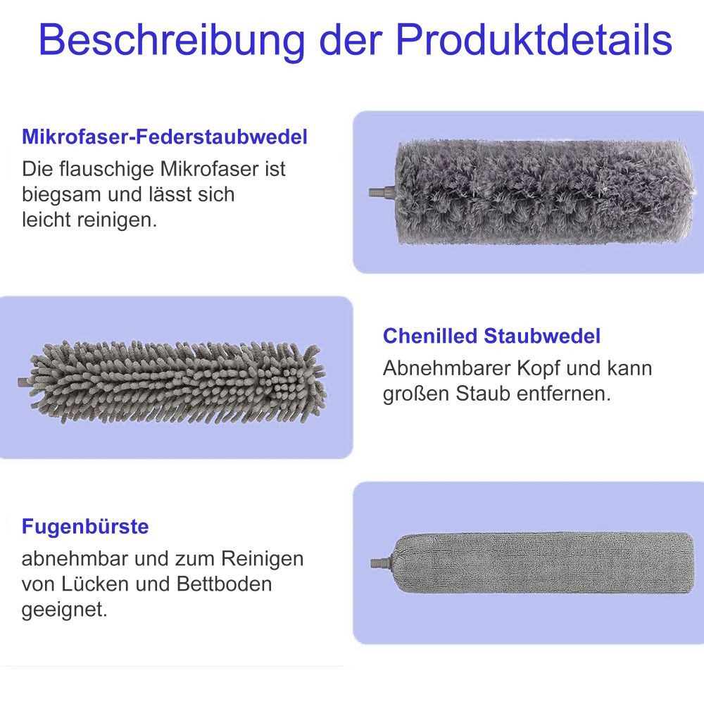 HUGERSTONE Staubwedel Staubwischer, Staubwedel mit Teleskopstiel, erweiterbar auf 250 cm (3-St), Staubwedel Teleskop Waschbar ideal für Decken und Deckenventilatoren