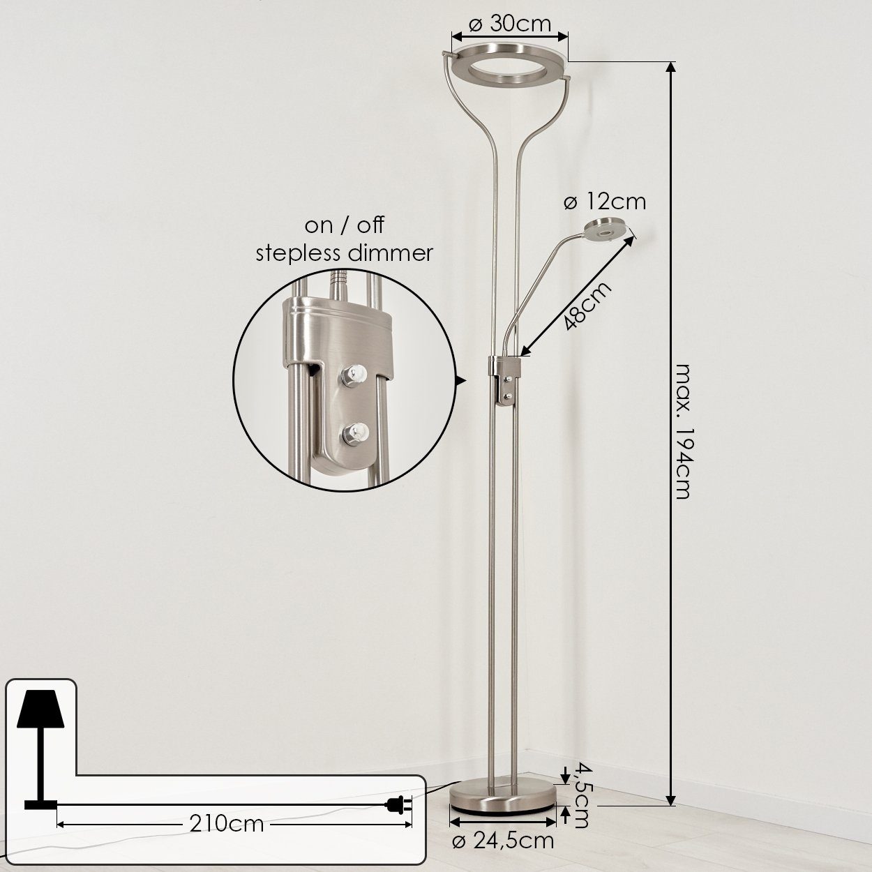 Watt Tastdimmer, integrierten »Rualp« in LED, 17 Stehlampe aus Stehlampe 1660 3000 Metall/Kunststoff/Glas mit Bodenlampe Lumen Nickel-matt/Klar/Weiß, + LED Kelvin, hofstein