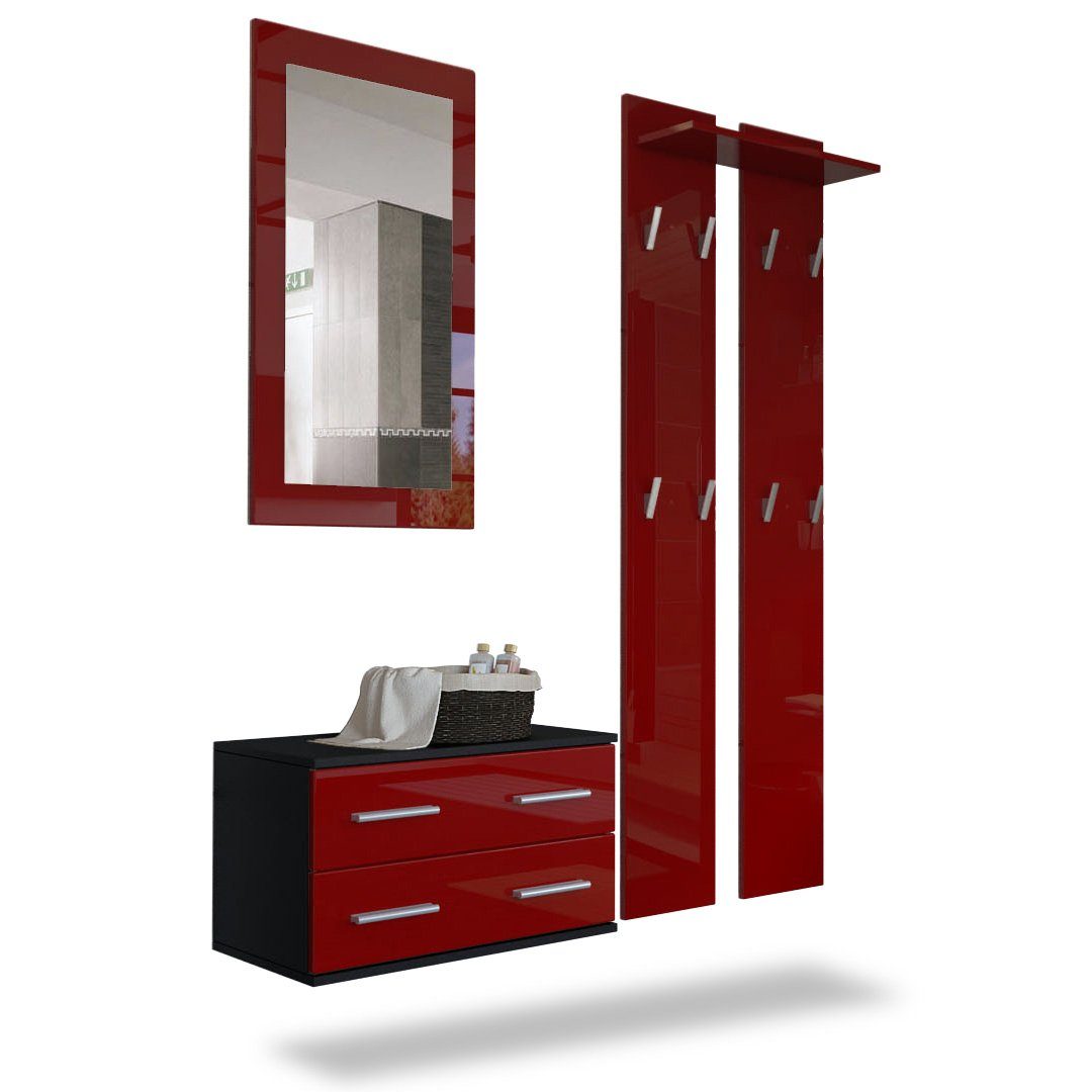 Vladon Garderoben-Set Kioto, (Garderobenset bestehend aus 1 Hängeschubkasten, 1 Wandspiegel und 2 Garderobenpaneele), Schwarz matt/Bordeaux Hochglanz (170 x 35 x 200 cm)