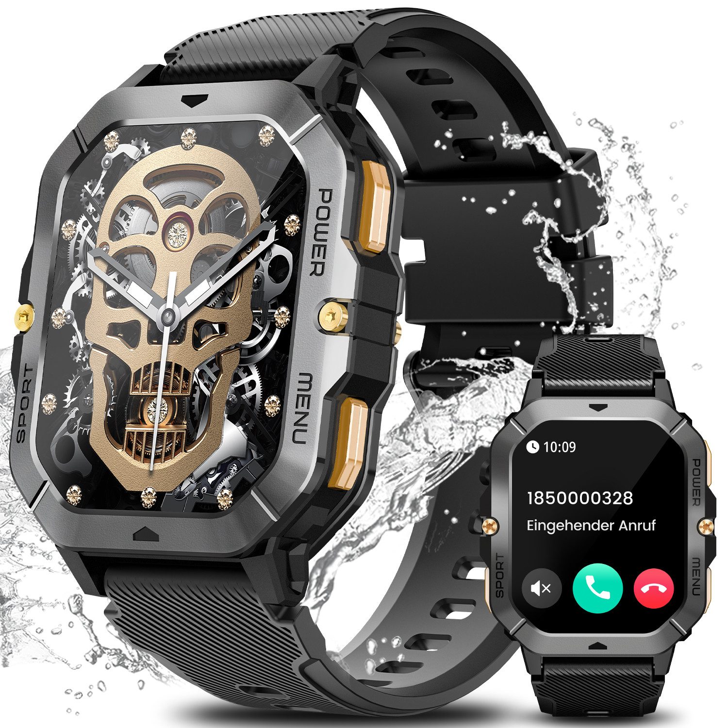Sanorum Smartwatch Herren Militärische mit Telefonfunktion Smartwatch (5.13 cm/2,02 Zoll, HD Bildschirm Touchscreen) mit Herzfrequenz/SpO2/Blutdruck/Schlafmonitor, 100+ Sportmodi Sportuhr, IP68/5ATM Wasserdicht, 420mAh Langlebiger Akku, für iOS und Android