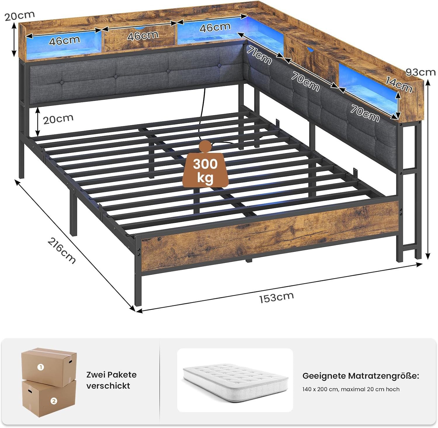 MSMASK Polsterbett Daybett Jugendbett mit LED-Beleuchtung und USB-Ladestation (Ohne Matratze), Bettgestell mit Lattenrost aus Metall,140x200 – Bild 2 von 5