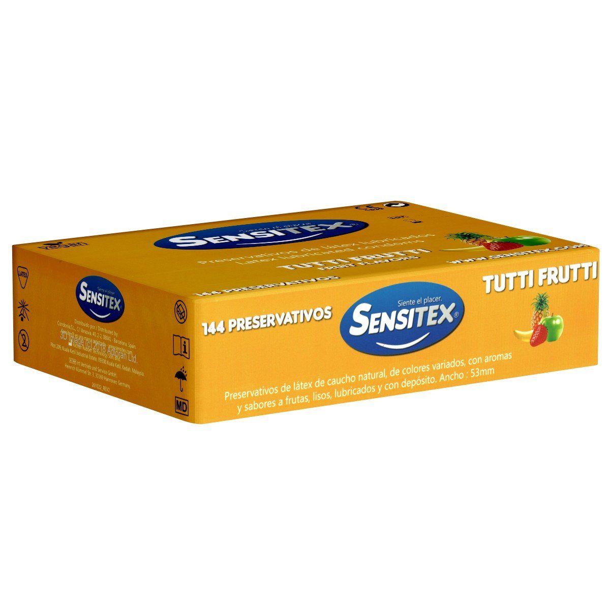 Sensitex Kondome Tutti Frutti (Flavoured) für köstlichen Oralverkehr, Packung mit, 144 St., Vorratsbox, bunte und vegane Kondome mit Geschmack