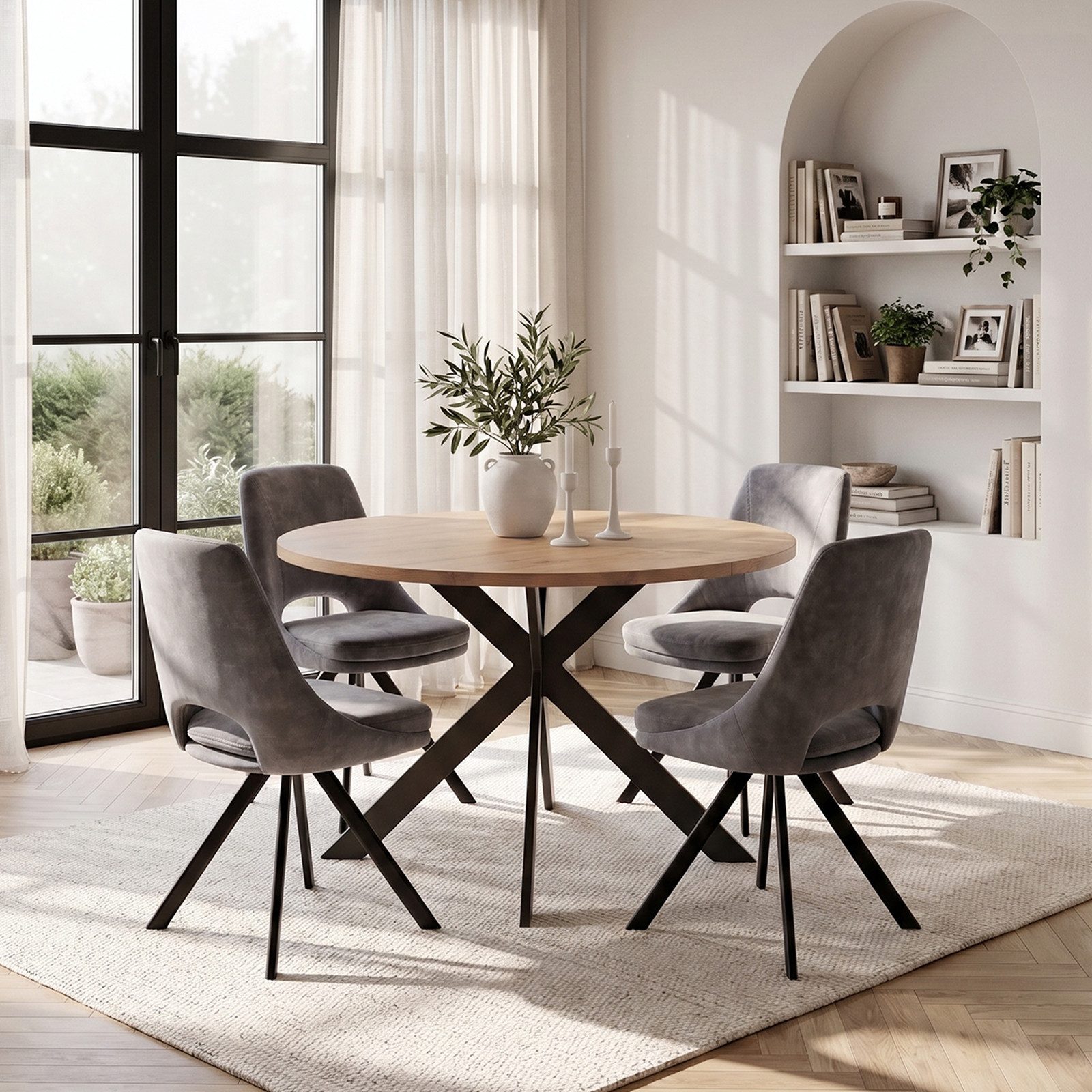 Jiexi Essgruppe Runder Esstisch 110cm MDF Set mit 4 Flanell Stühlen Kreuzgestell