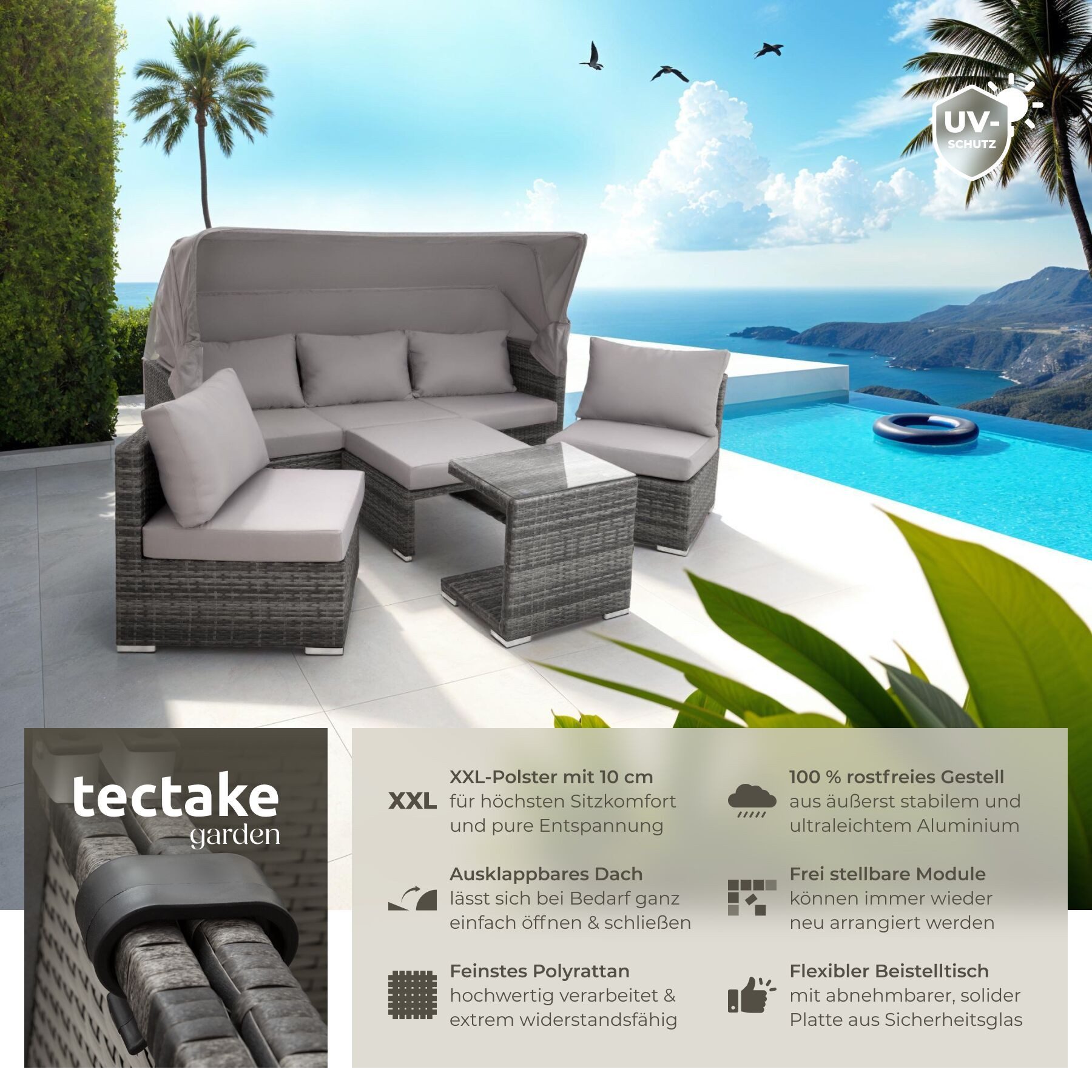 tectake Loungeset Rattan Sitzgruppe mit Sicherheitsglasplatte, für 5 bis 6 Personen, (Gartenlounge-set San Marino, 7-tlg., geeignet für Outdoor in Grau), wetterfest und UV-beständig, Dicke der Polster 10 cm