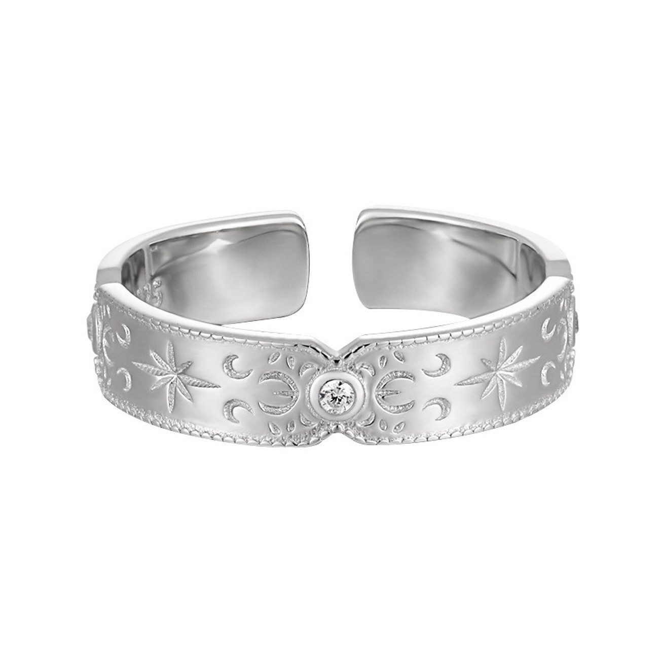 KARMA Fingerring Damenring Mond Sterne Silber 925 Sterlingsilber Kristall (Damen Geschenk Frauen Fingerring), verstellbarer Ring Damenschmuck