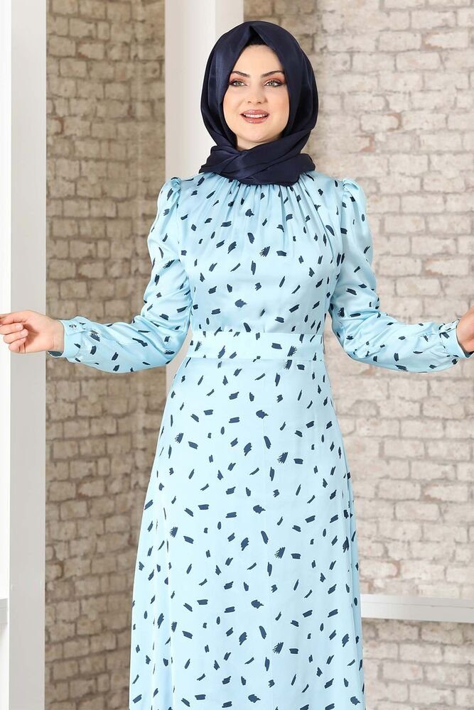 Abaya gemustertes Satinkleid Hijab Mode Baby-Blau Kleid Abendleid Satin Abiye Modavitrini aus