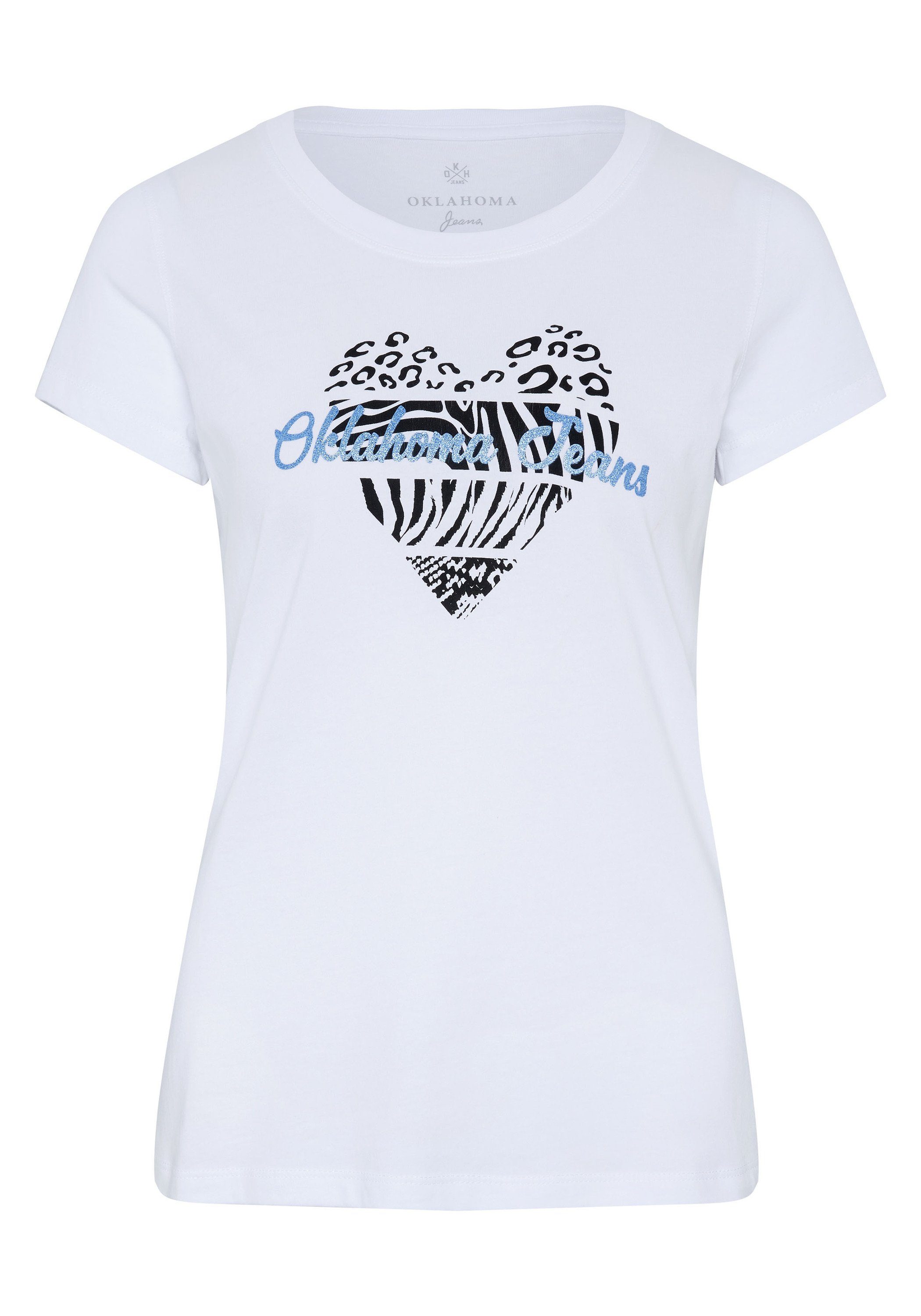 Oklahoma Jeans Print-Shirt mit Herz-Motiv und Logo-Schriftzug 11-0601 Bright White