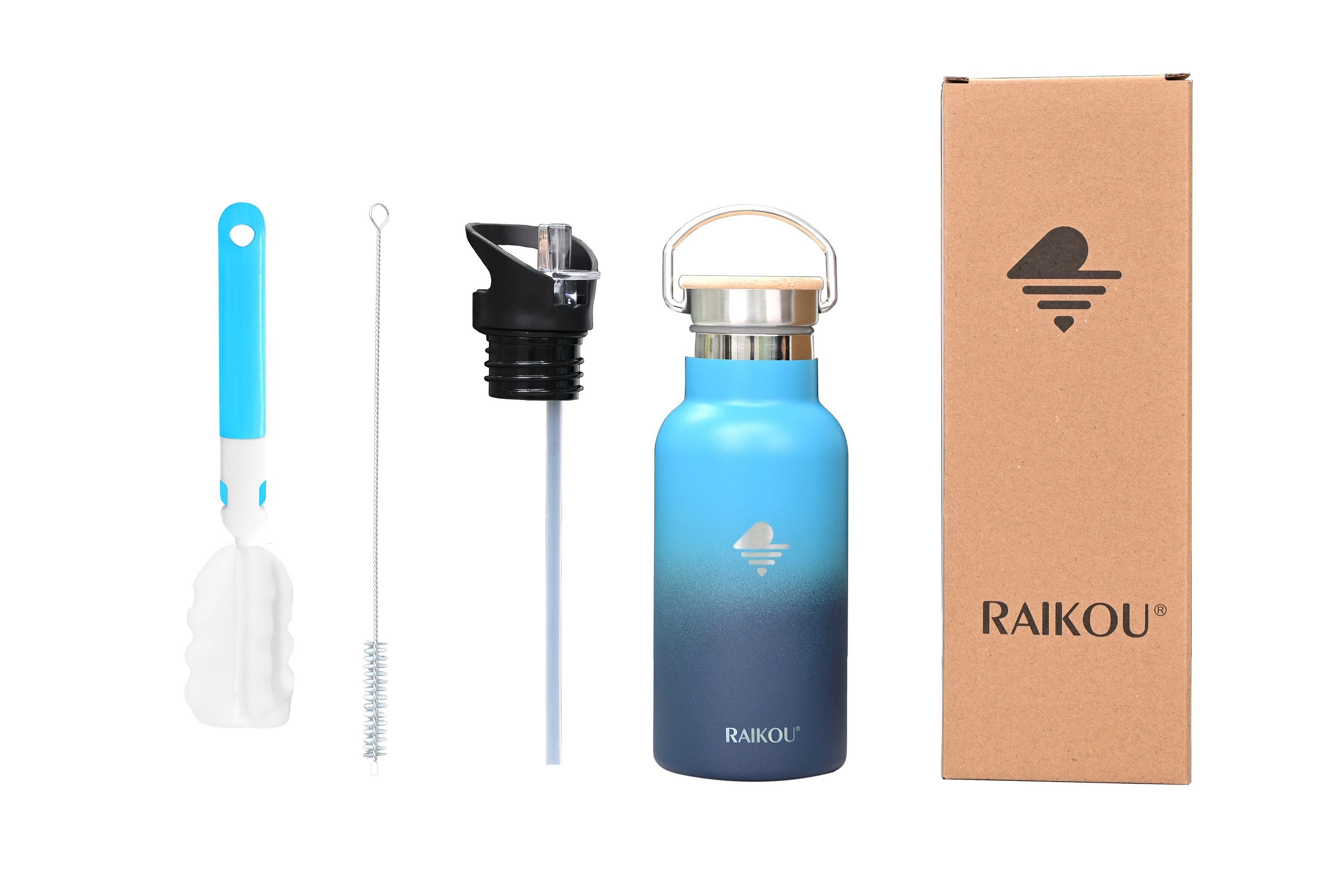 RAIKOU Isolierflasche Edelstahl Trinkflasche Vakuumisolierte Wasserflasche Thermoflasche, bis zu 12H heiß / 24H kalt,mit 2 Deckel,350ml/500ml/750ml/1000ml Seeblau/Dunkelblau