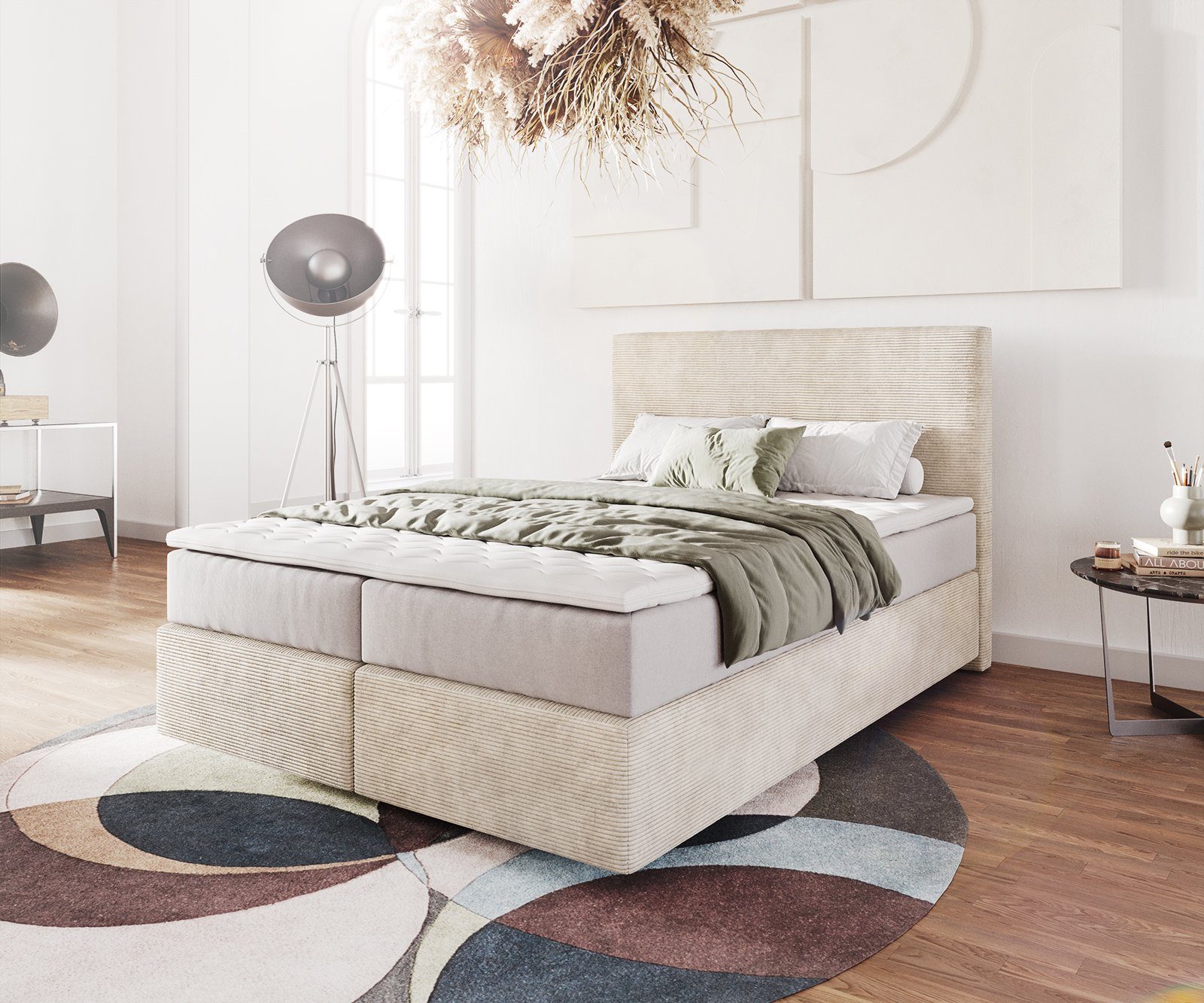 DELIFE Boxspringbett Dream-Well, Cord Beige 140x200 cm mit Taschenfederkernmatratze u. Topper