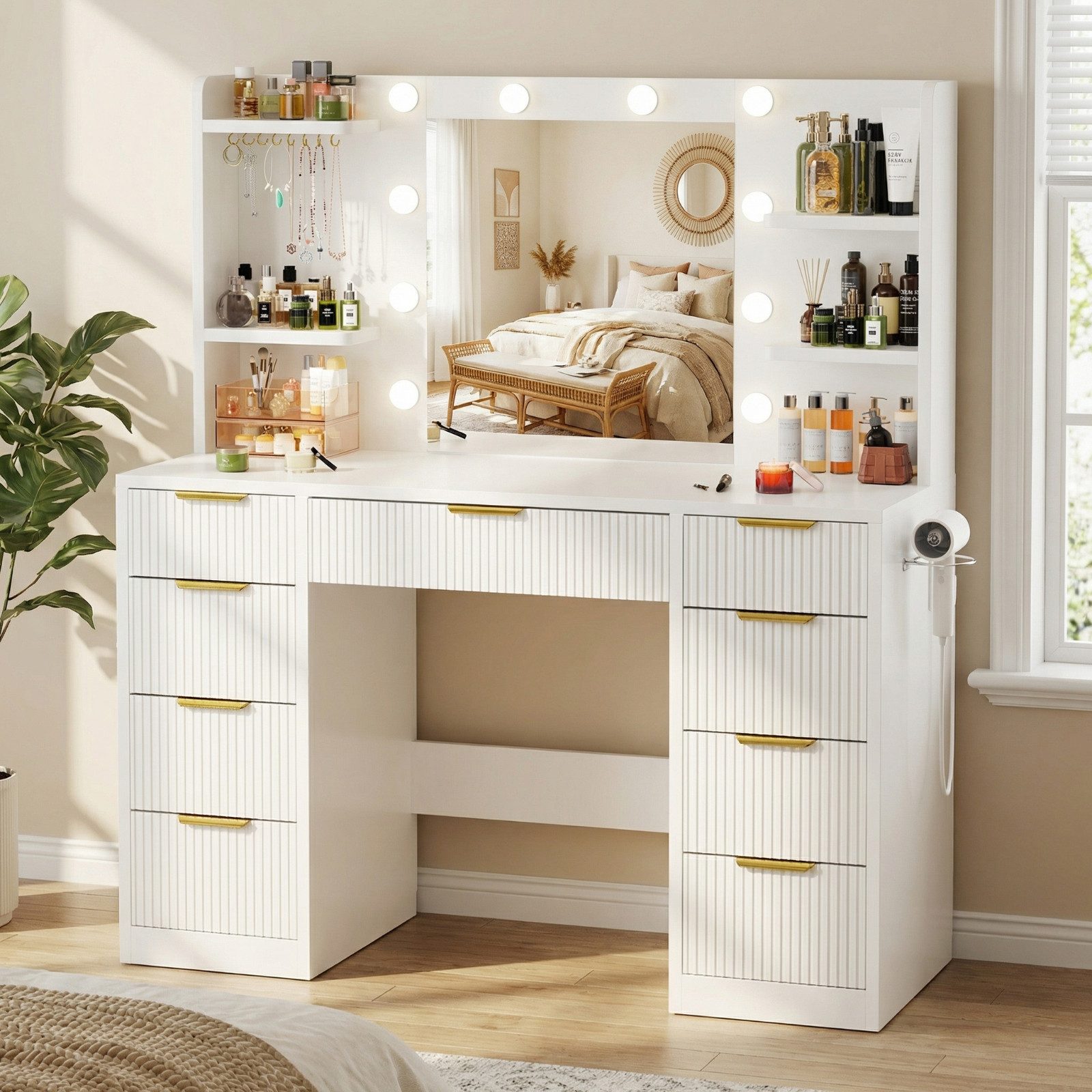 HOMALL Schminktisch Mit dreifarbiger LED-Beleuchtung, mit Spiegel, optional mit Hockern (Maße: 110 x 40 x 137 cm, mit 10 kugelförmigen Lampen, deren Helligkeit  – Bild 3 von 5