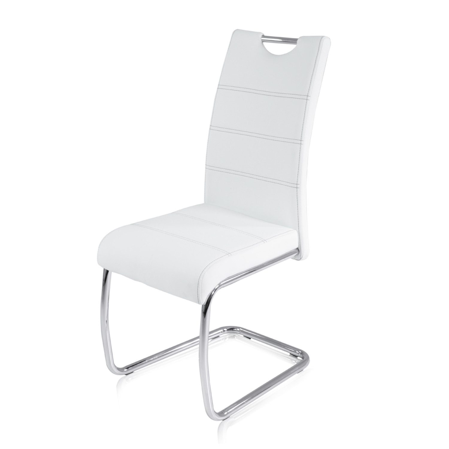 KHG Freischwinger Esszimmerstuhl Kunstleder Weiß, bis 120 kg belastbar, Modern, gepolstert, eleganter Look, Metallgestell verchromt mit Griff