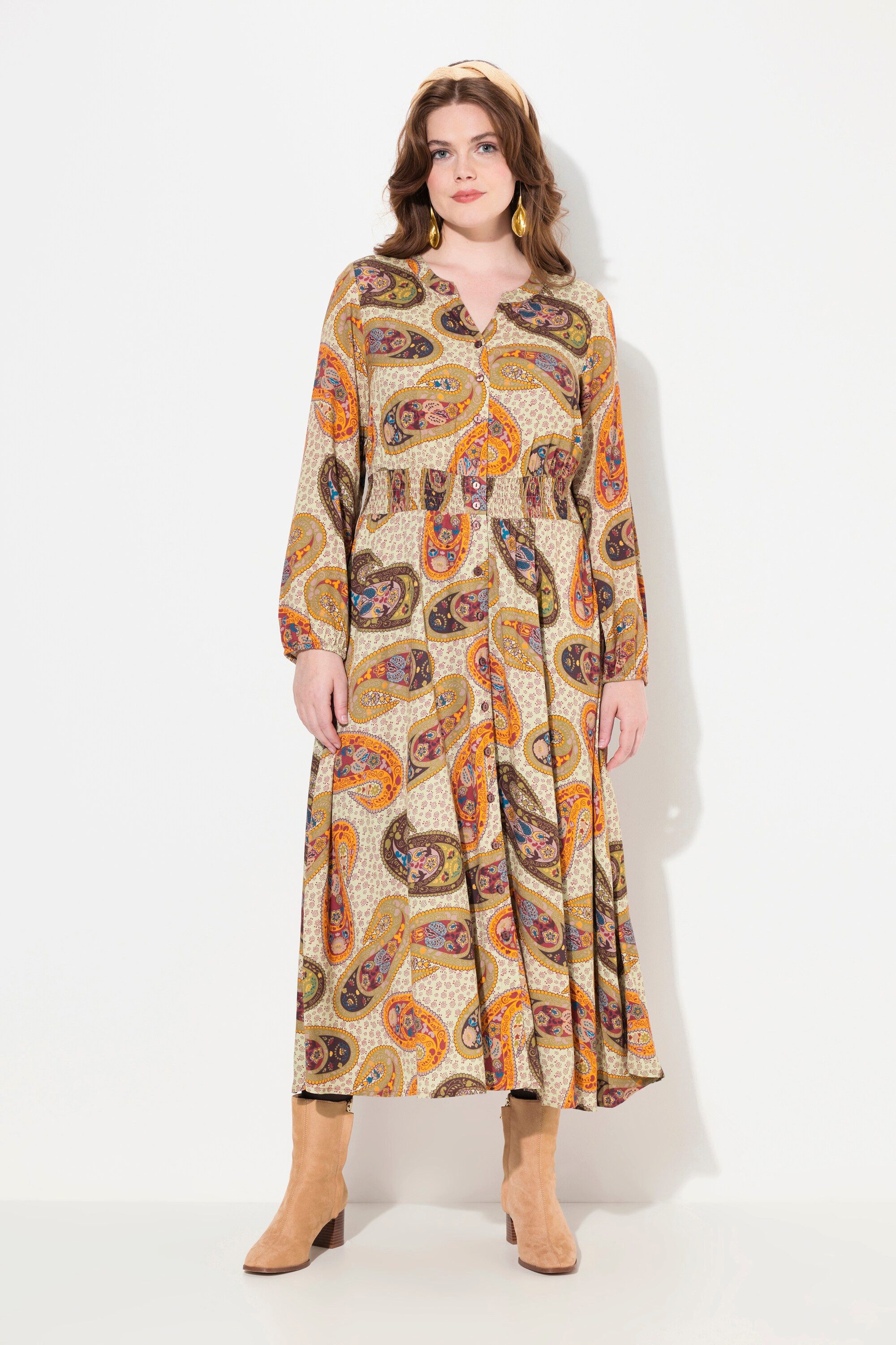 Ulla Popken Jerseykleid Maxikleid Paisley A-Linie V-Ausschnitt Langarm