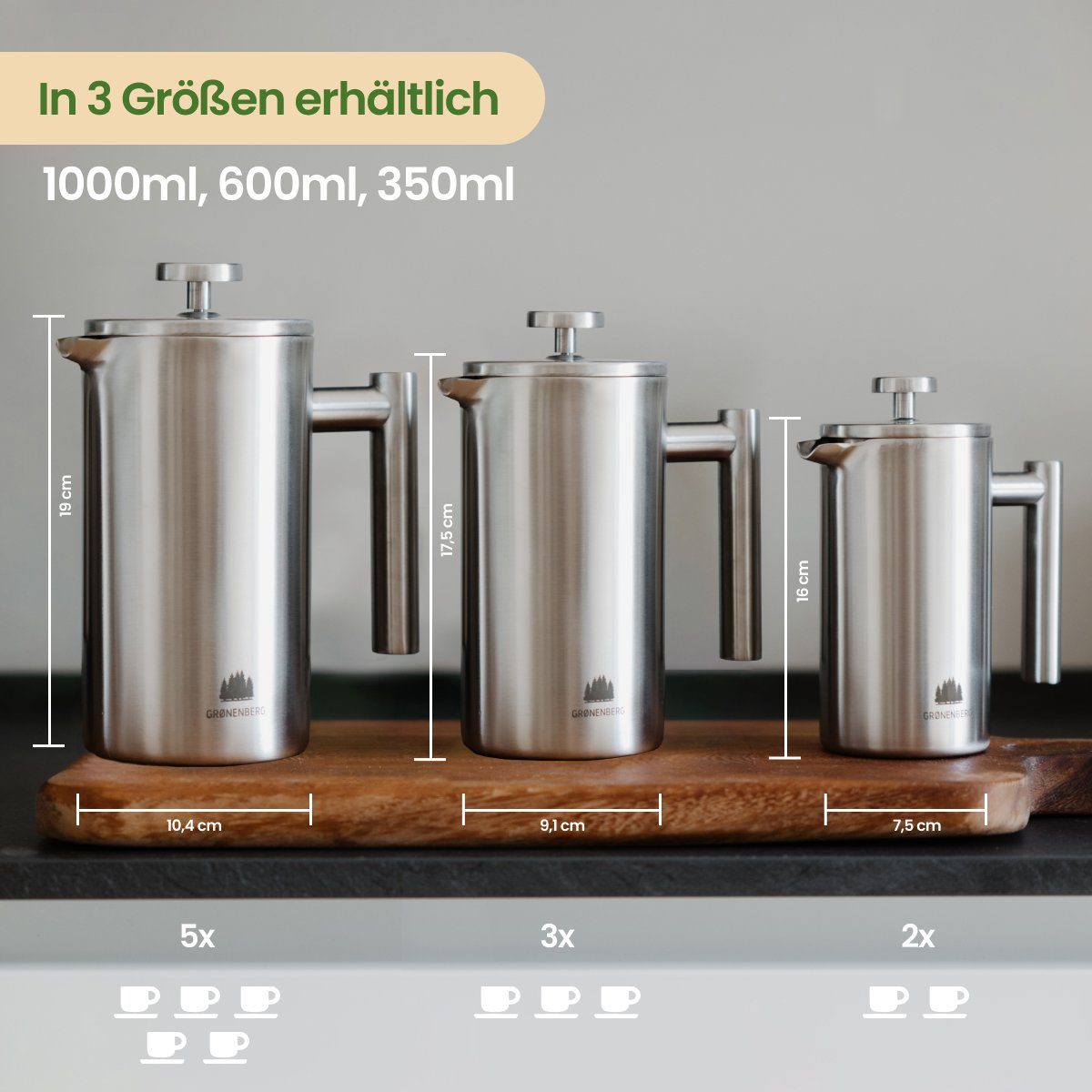 Ersatz-Filter Thermo 3 inkl. Kanne GRØNENBERG Edelstahl Kaffeebereiter French Effekt, 0.35l mit Kaffeekanne, Press Kaffeepresse