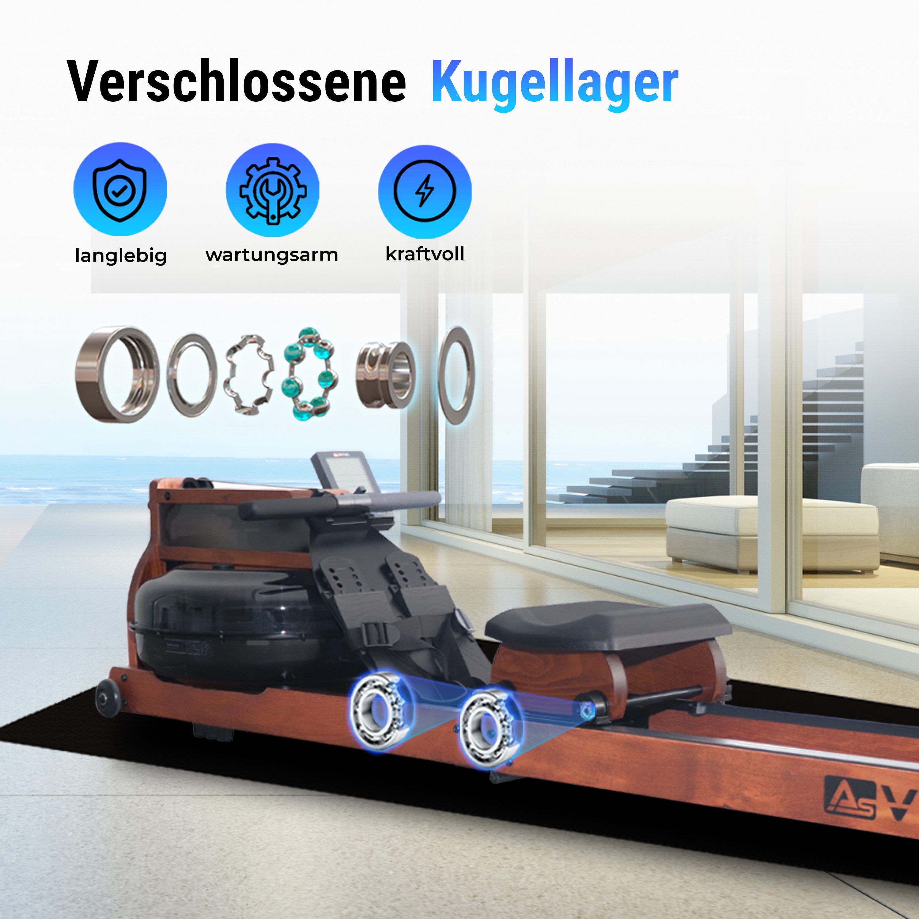 AsVIVA Rudergerät RA18 Wasserrudergerät, Wasserantrieb, Bluetooth-Fitness-App-Kompatibel, Klappbar