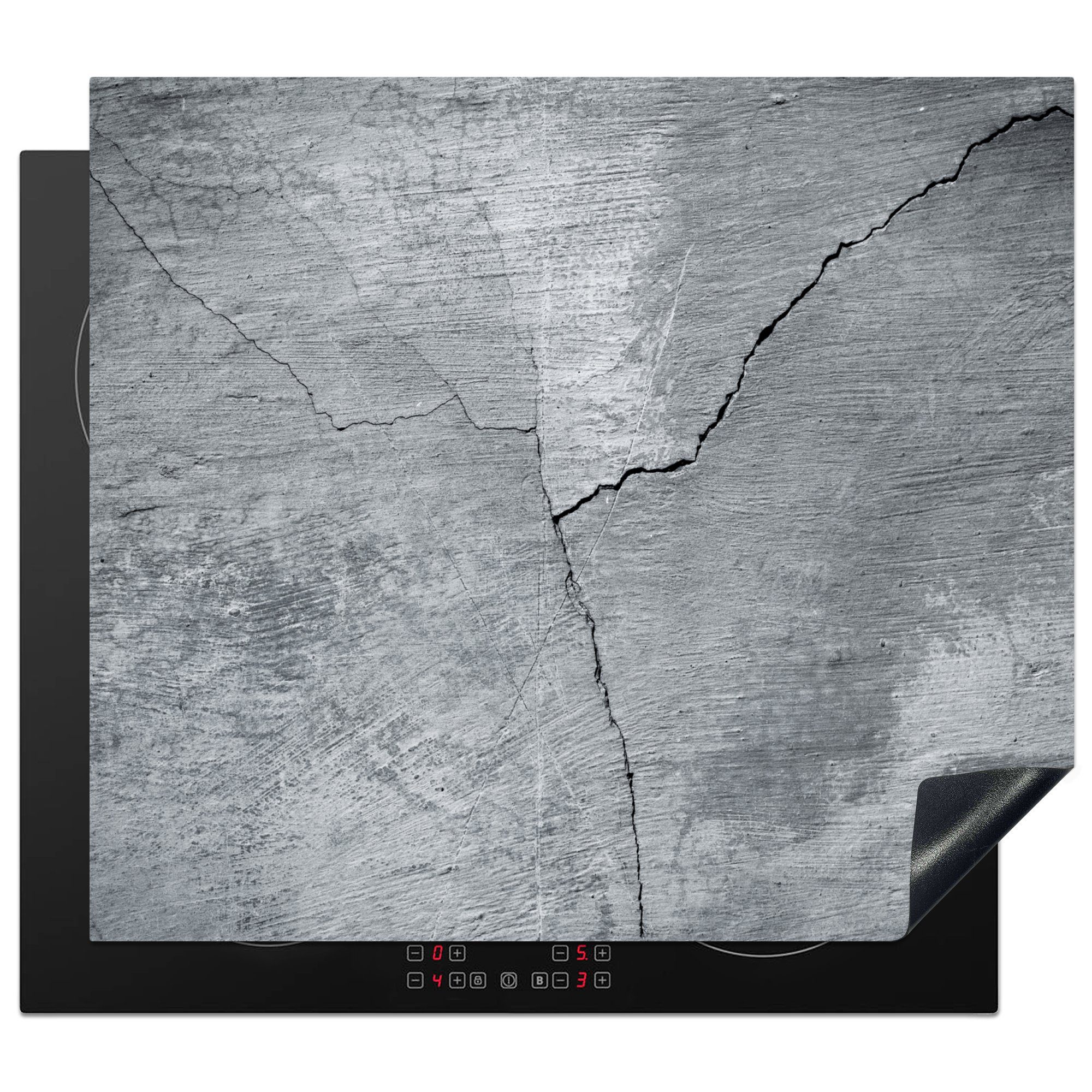 MuchoWow Herdblende-/Abdeckplatte Beton - Grau - Riss, Vinyl, (1 tlg), 59x51 cm, Induktionsschutz, Induktionskochfeld, Ceranfeldabdeckung