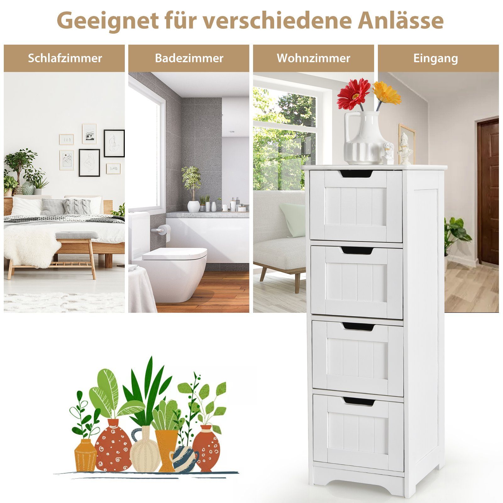 COSTWAY Badkommode, Badezimmerschrank, mit 4 Schubladen weiß