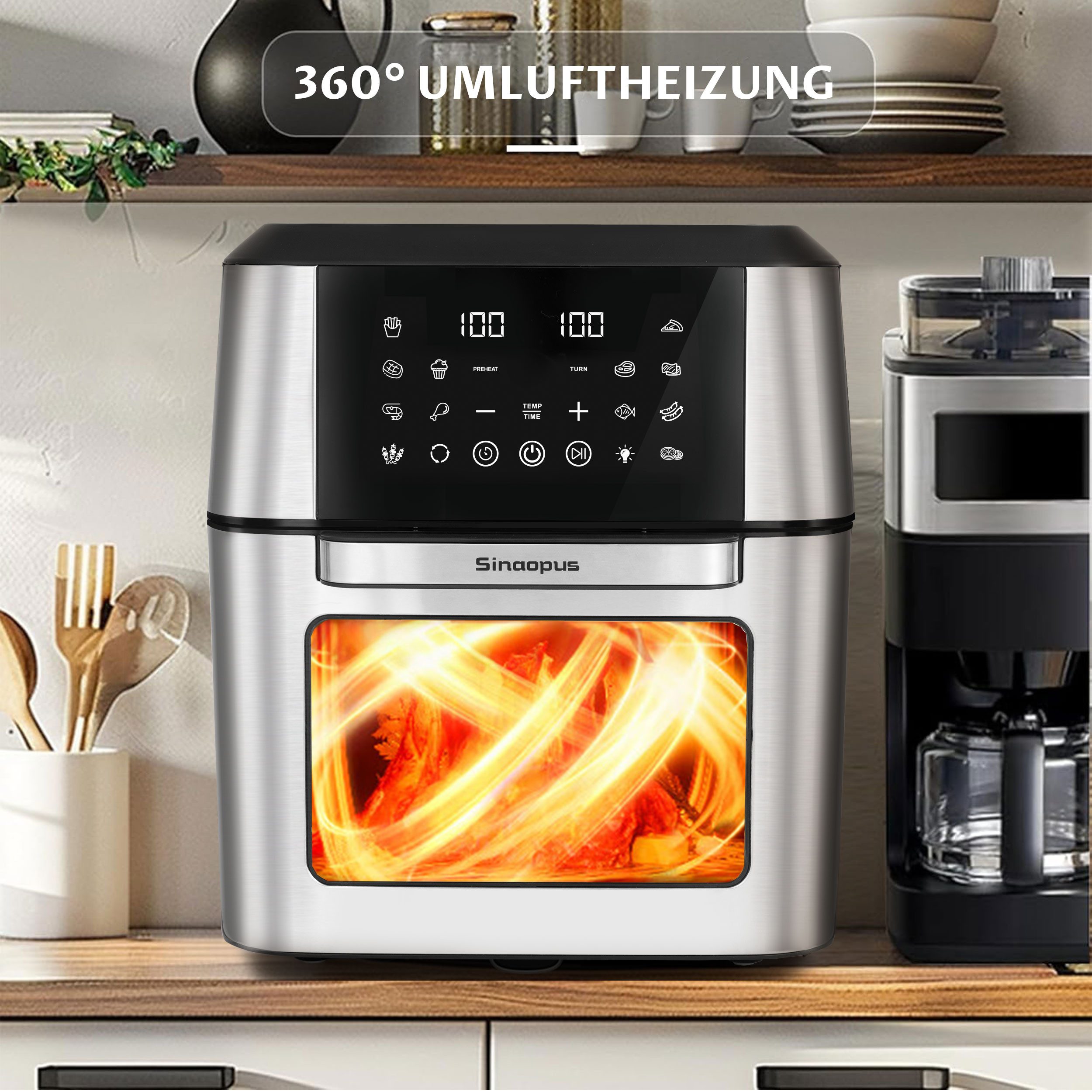 Sinaopus Heißluftfritteuse Heißluftfritteuse & Mini-Backofen 1280 – 11 L XXL, 2000 W, LED-Display, 2000,00 W, LED-Touchdisplay, 12 Programmen & umfangreichem Zubehör