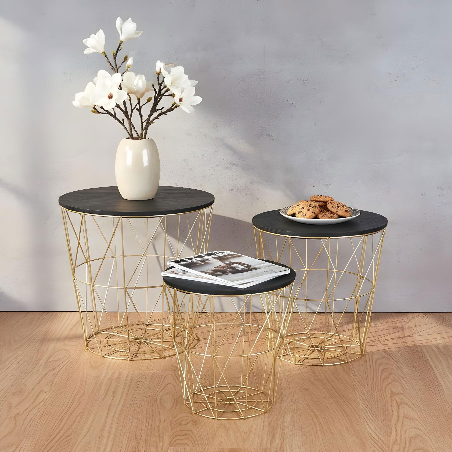 Levandeo® Couchtisch, 3er Set Beistelltisch Metall Metallkorb Drahtkorb Gold Schwarz