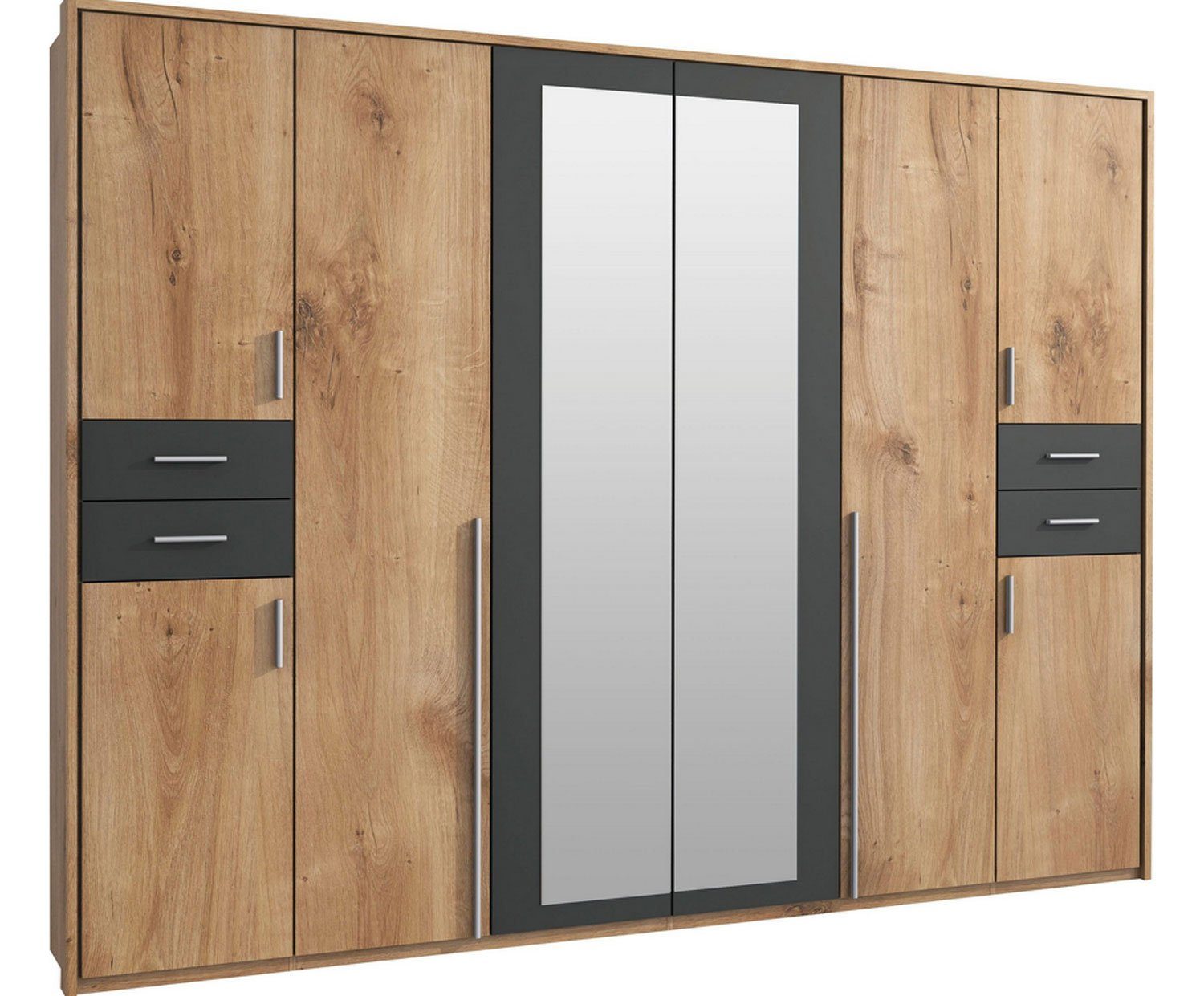 Wimex Kleiderschrank Vegas (mit Türen, Spiegel, Kleiderstangen, Einlegeböden, 1-St., moderne Optik, alufarbene Stangengriffe aus Kunststoff) 273x58x210cm / Plankeneiche / graphit